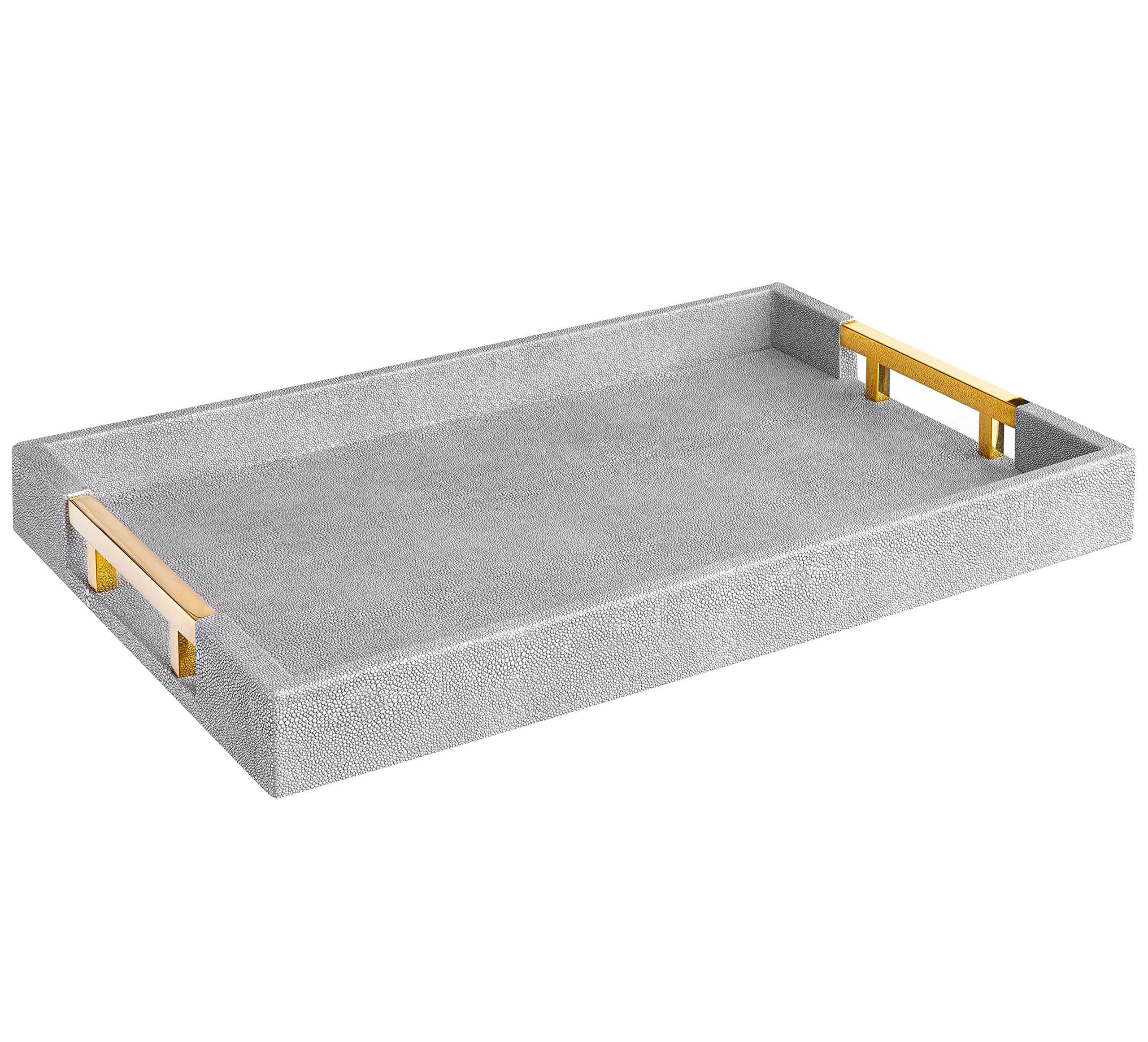 Modern Elegant 17.5"x12" Rectangle Glossy Grey Shagreen Faux Leather Decorative Tray Ottoman Coffee Table Perfume Kitchen Display Perfume Serving Tray with Gold Polished Metal Handles.