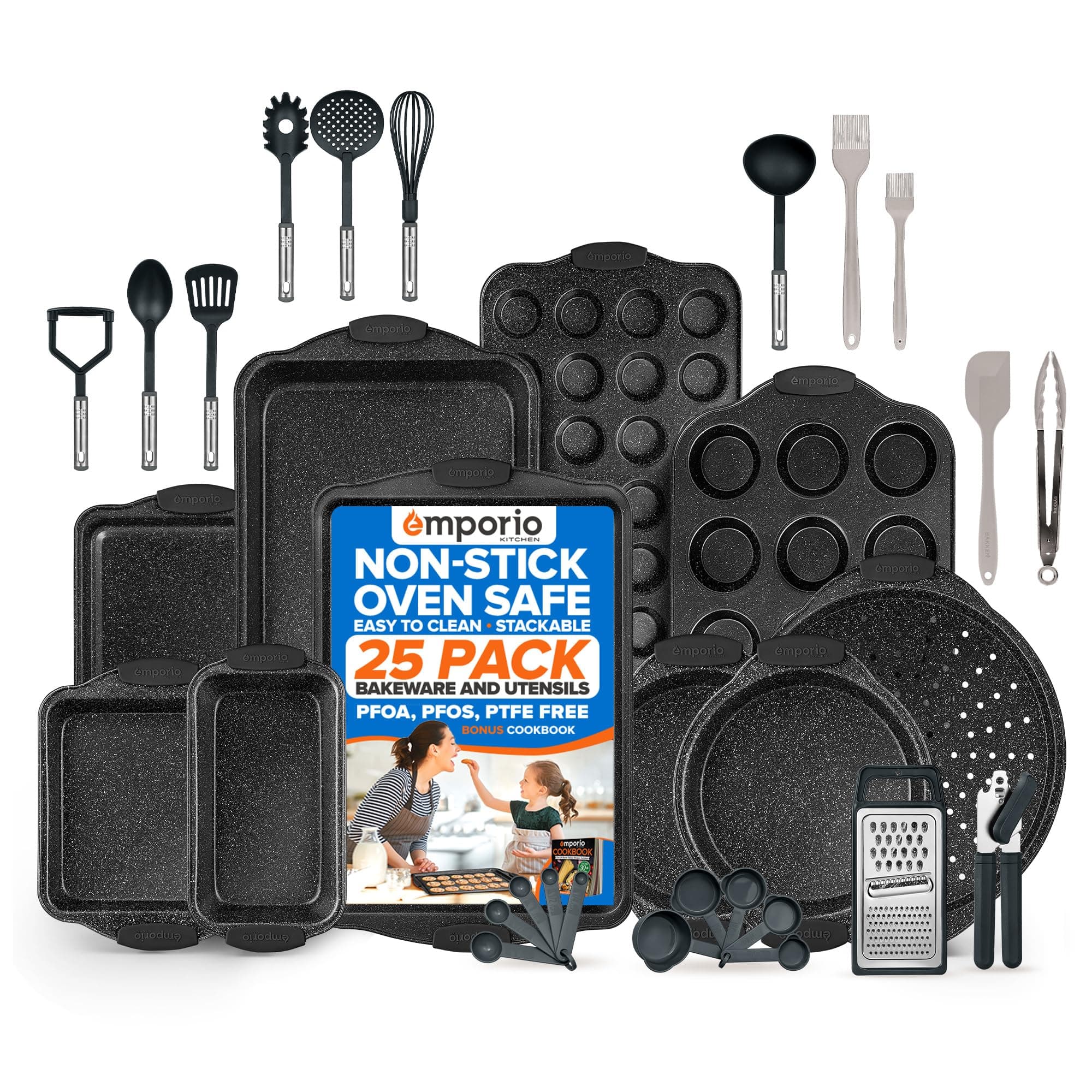 Baking Pan Set - Nonstick Coating, Carbon Steel Bakeware Set with Gray Silicone Handles, PFOA, PFOS, PTFE Free, Recipe Booklet Included, Oven Safe Tray (Up To 450° F), Set of 25 - Gray