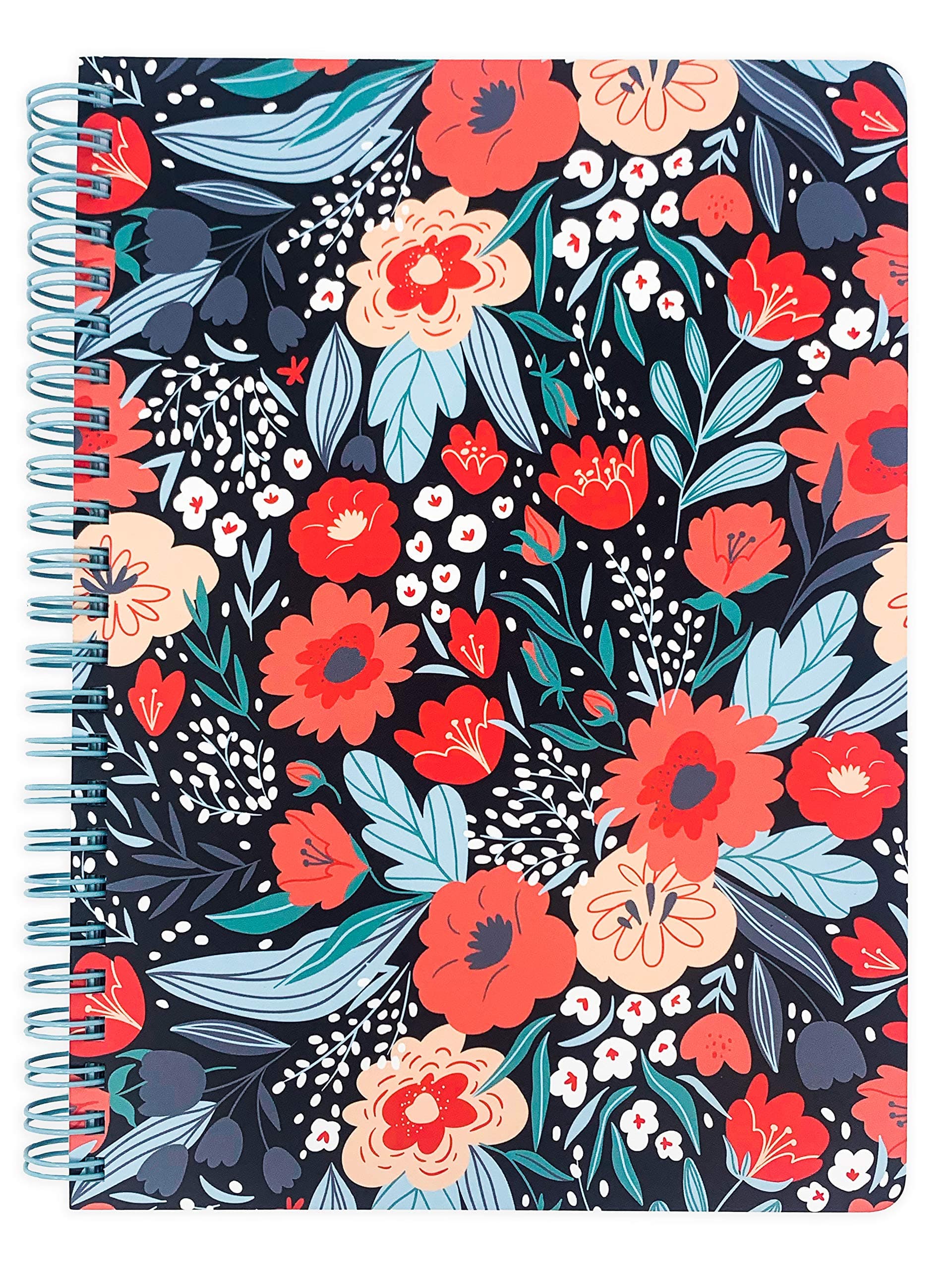 Steel Mill & Co Cute Red/Blue Mini Spiral Notebook, 8.25" x 6.25" Journal with Durable Hardcover and 160 Lined Pages, Folk Floral