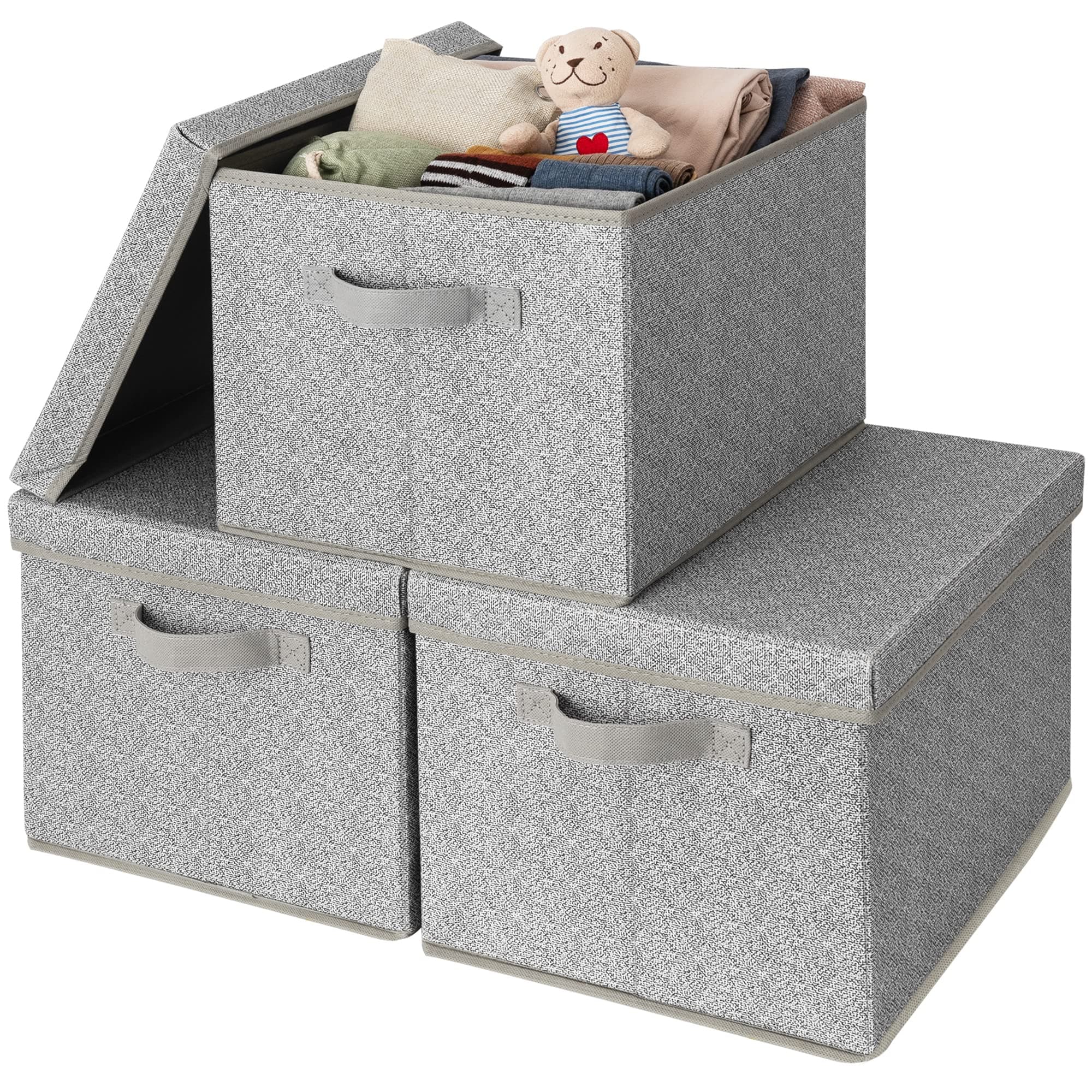 GRANNY SAYS Large Storage Boxes with Lids, Pack of 3 Collapsible Storage Boxes, Wardrobe Box Organisers for Organising Clothes, Decorative Box Lidded, Fabric Basket with Handle, Grey