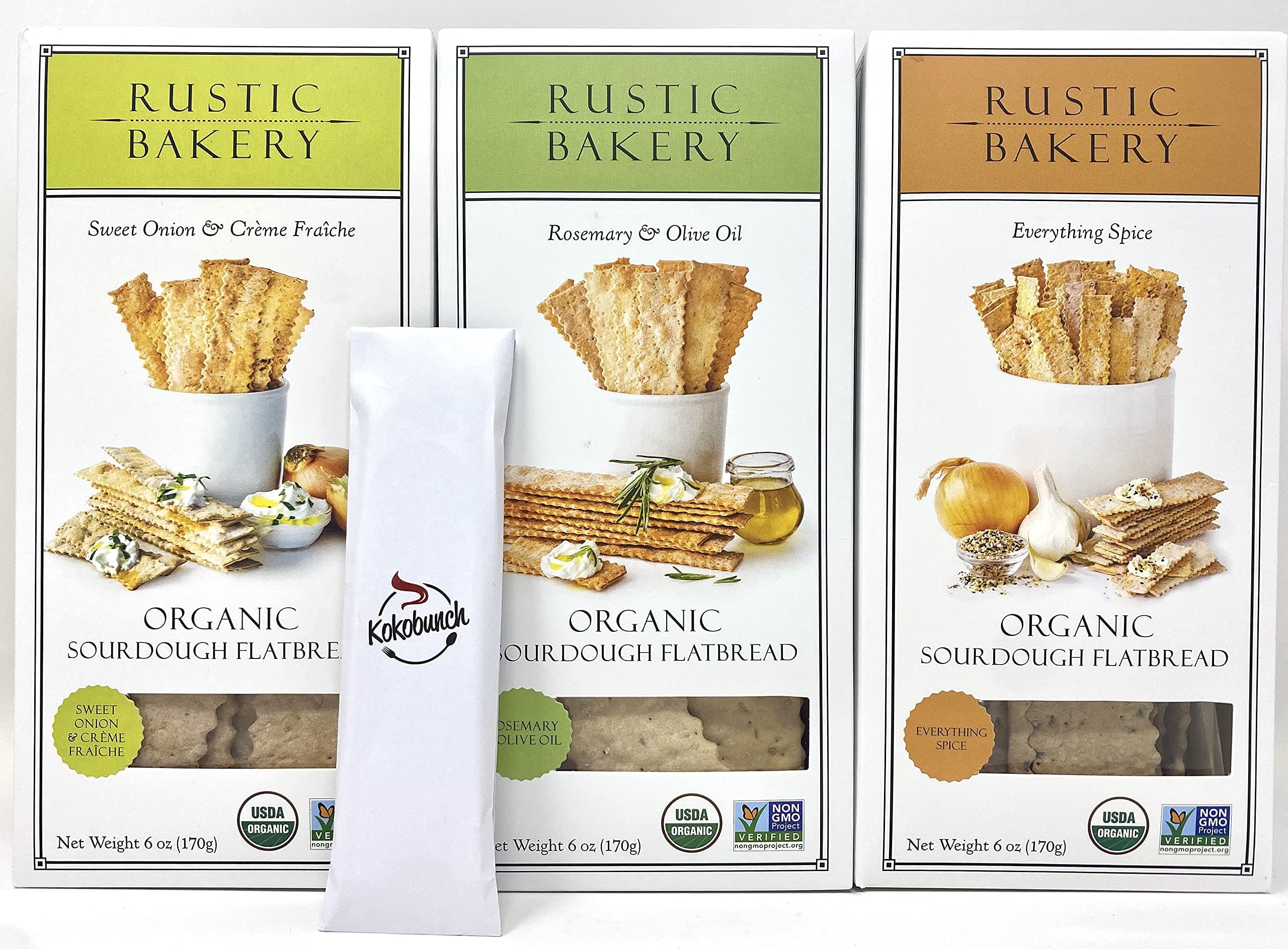 Rustic_Bakery Organic Sourdough Bread Flatbread Crackers Rosemary & Olive Oil, Sweet Onion & Creme Fraiche, Everything Spice | 3Pk-6 oz