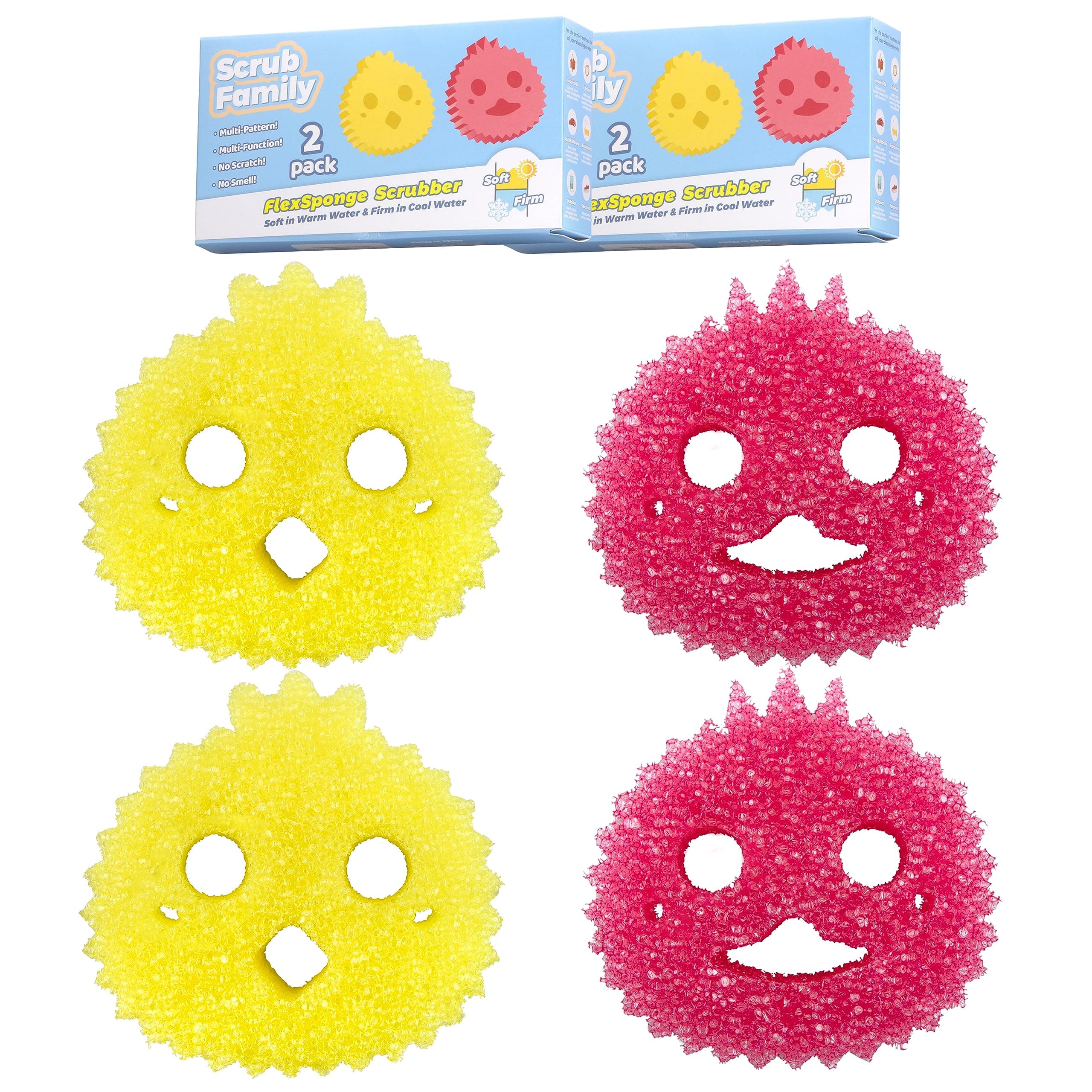 Functional Sponge Scrubber Set - Daddy Mommy Daily Scrub Sponge, Smiley Happy Face, Firm in Cold and Soft in Warm, Scratch Free, No Odor, 2 Animal Patterns (4ct)
