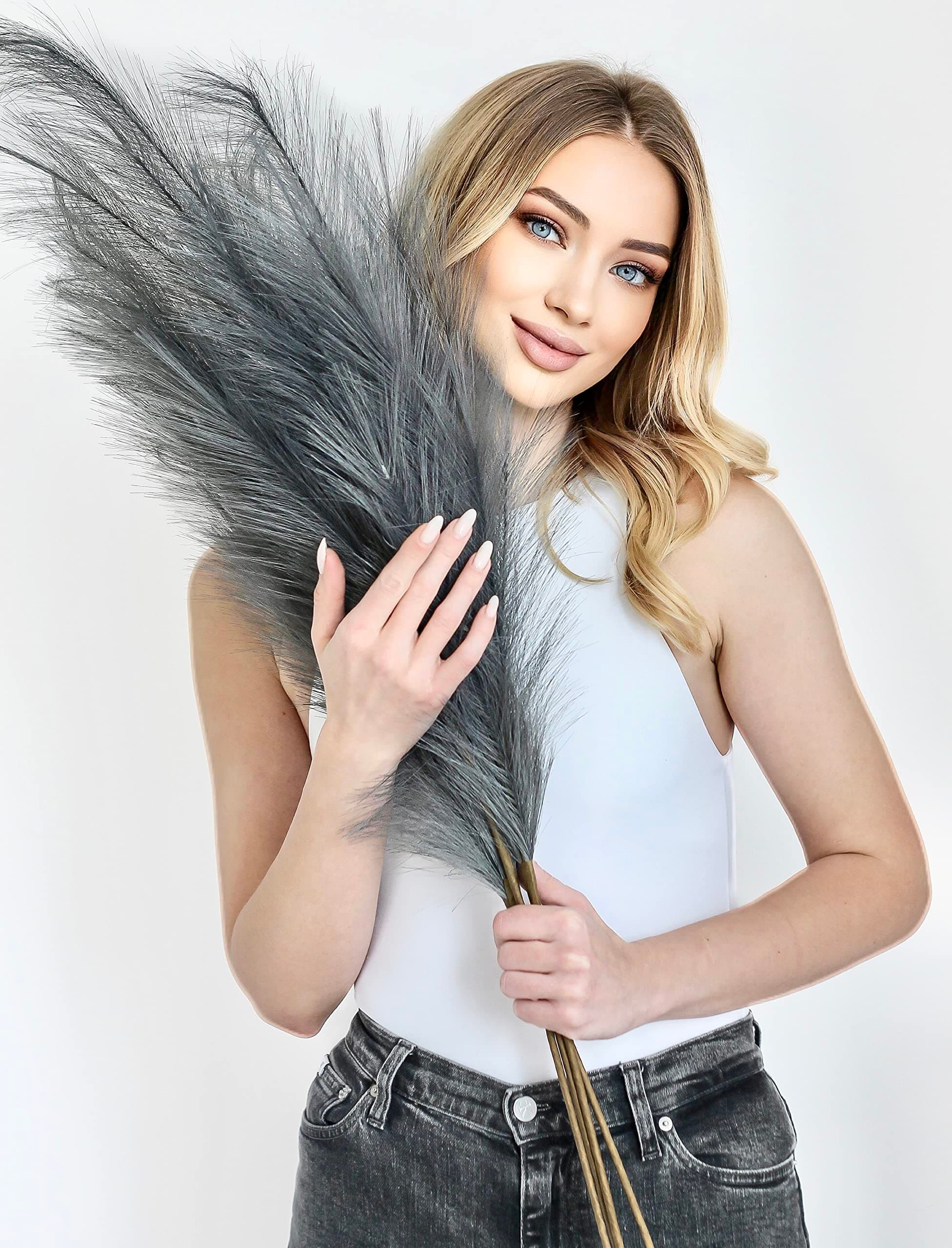 Pampas Grass Large Grey Artificial 4 Stems - 40 inch/100cm Fluffy Soft Faux Dried Tall Fake Plant Bouquet Decorative Flowers Arrangements Boho Home Decor Accessories Wedding Decorations