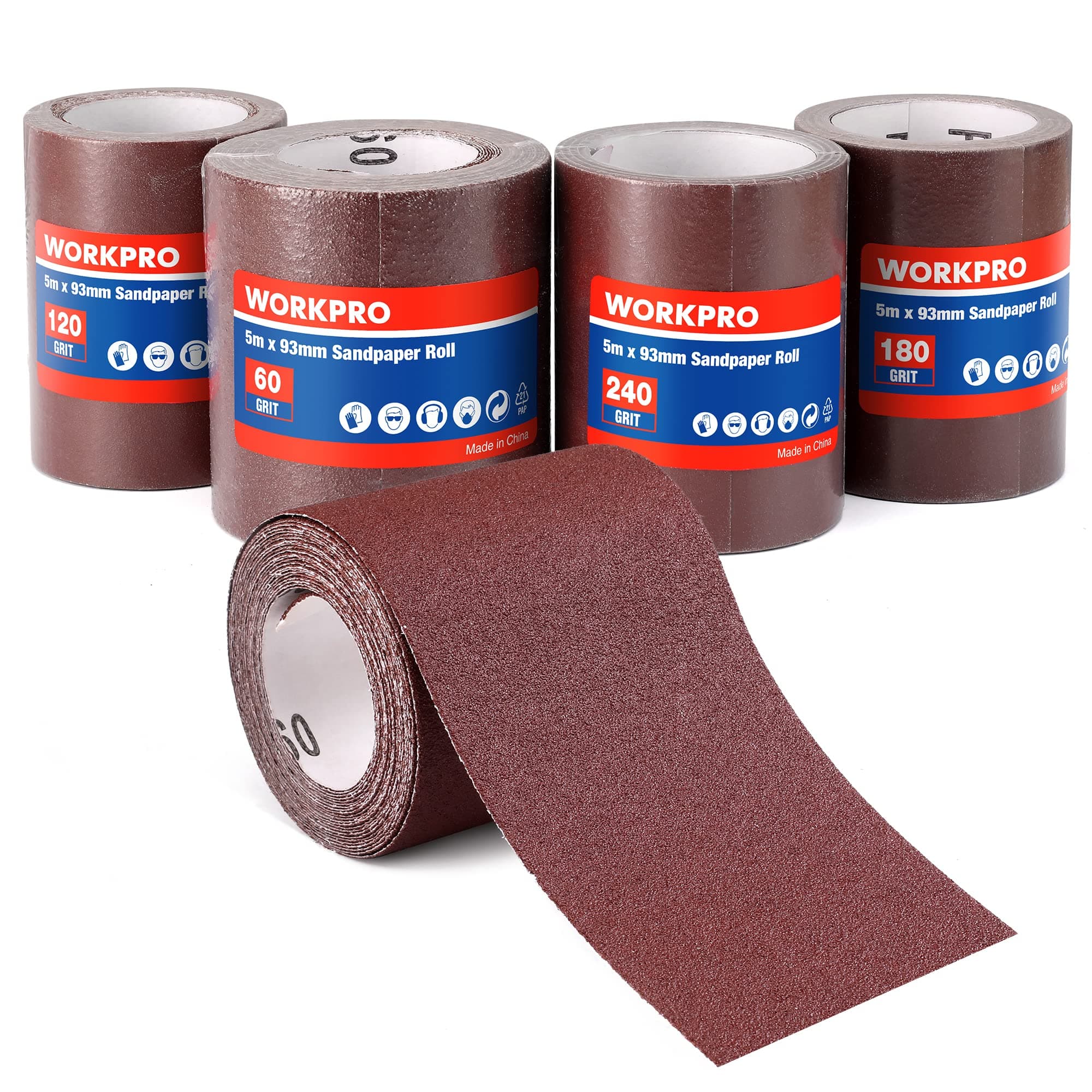 WORKPRO 4-Roll Sandpaper Roll Set, 93 mm x 5 m, 60/120/180/240 Grit, Aluminum Oxide Abrasive Sanding Paper for Sanding, Polishing, and Rust Removal