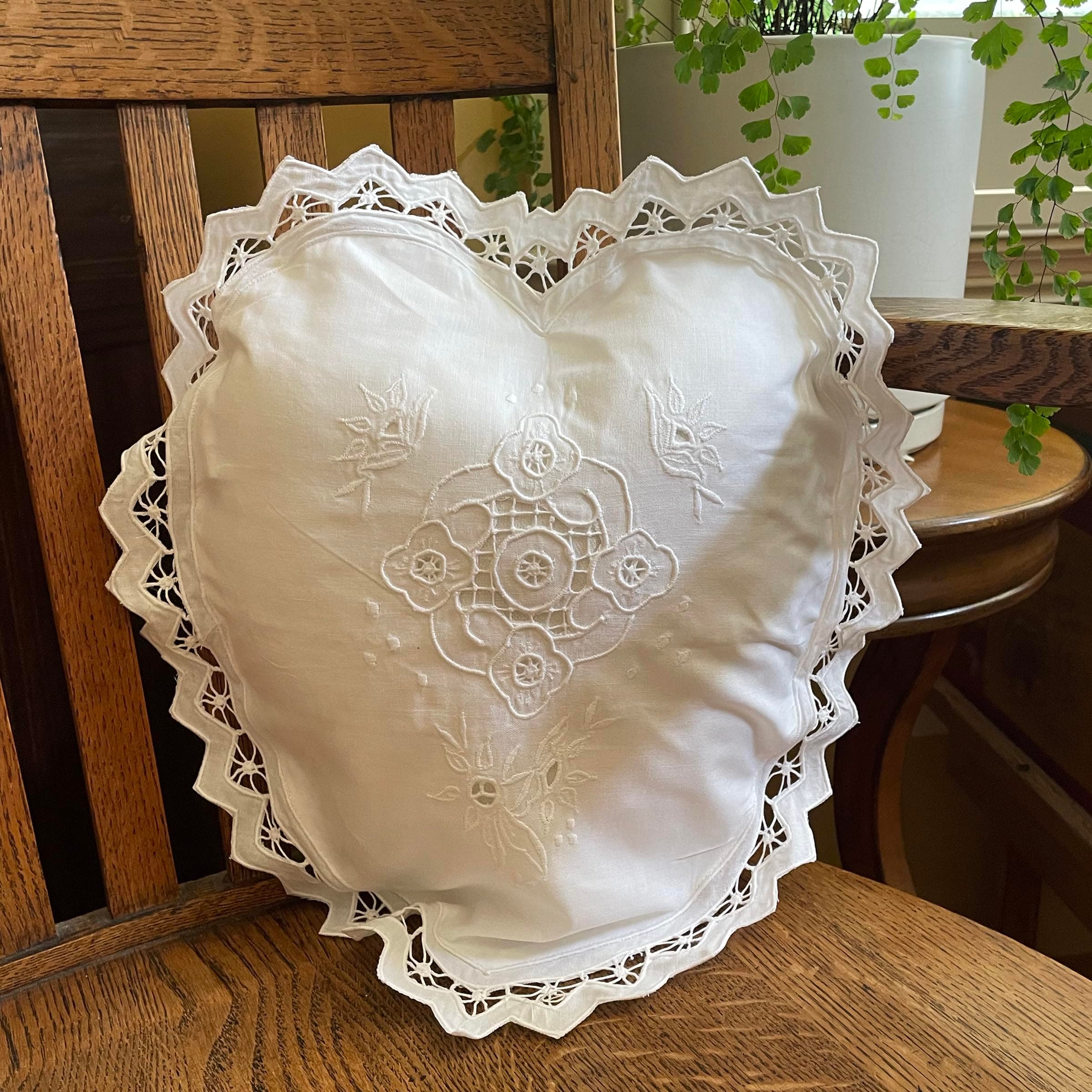 MODERN HEIRLOOM Embroidered and LACE 2-PC Pillow Decorative Pillow Set, 14 inches, Sandra Heart White 14" 2 Count