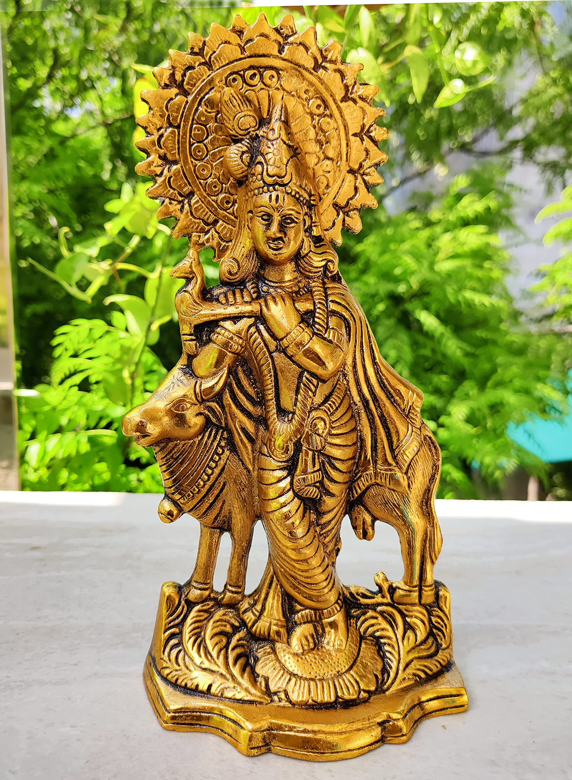 Wonder Care WC_Lord Krishna with Cow Janmashtami Krishna Statue Figurine-Hindu God of Love and Divine Joy - Murlidhar Kishna Idol for Indian Religious Festival–Home Decoration Sacred Item