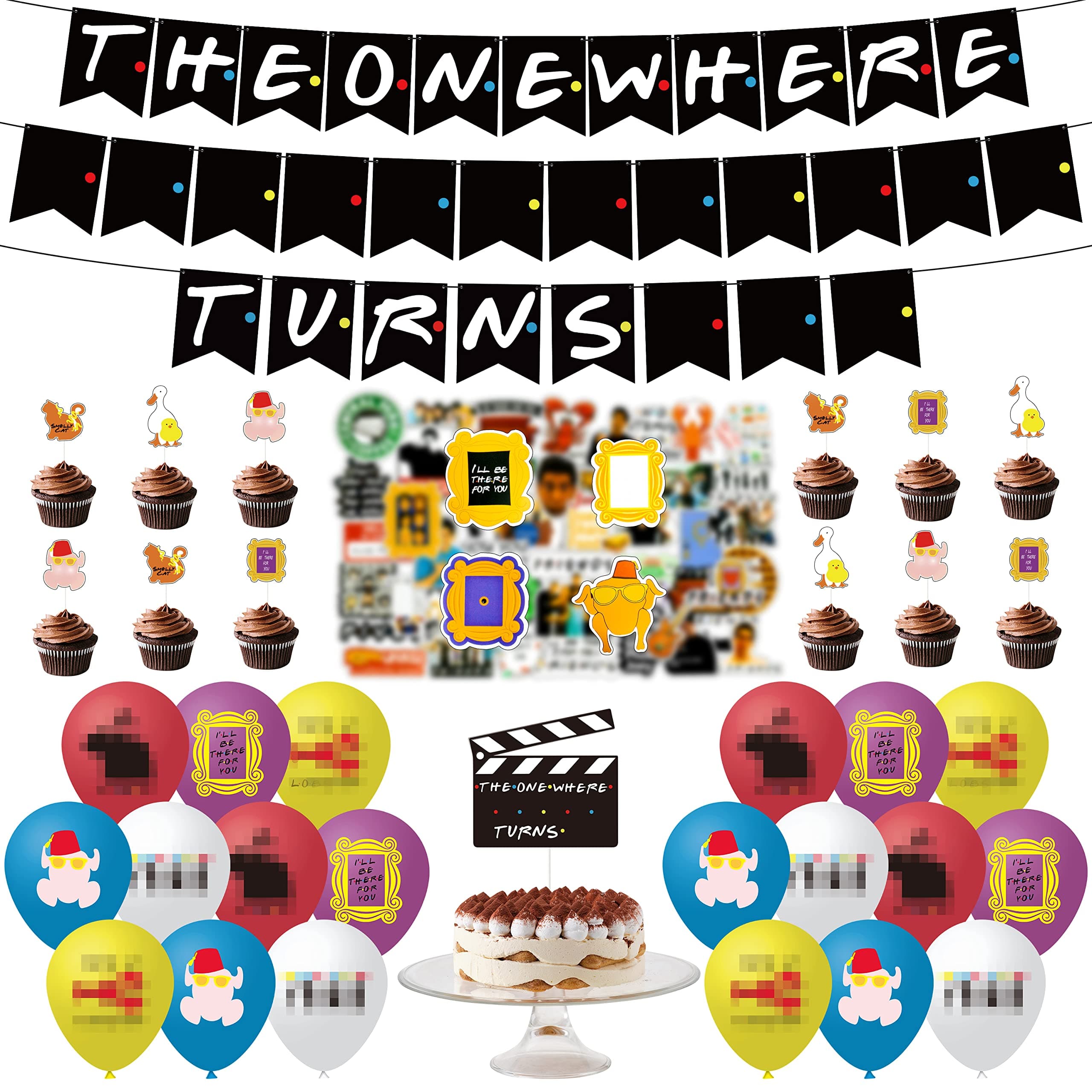 104Pcs Friend Themed Birthday Party Decorations Include The One Where Turn Banners Latex Balloons Cake Toppers Stickers Marked Pen Friend Fans Party Supplies Favors Backdrop Photo pro for Kids Adults