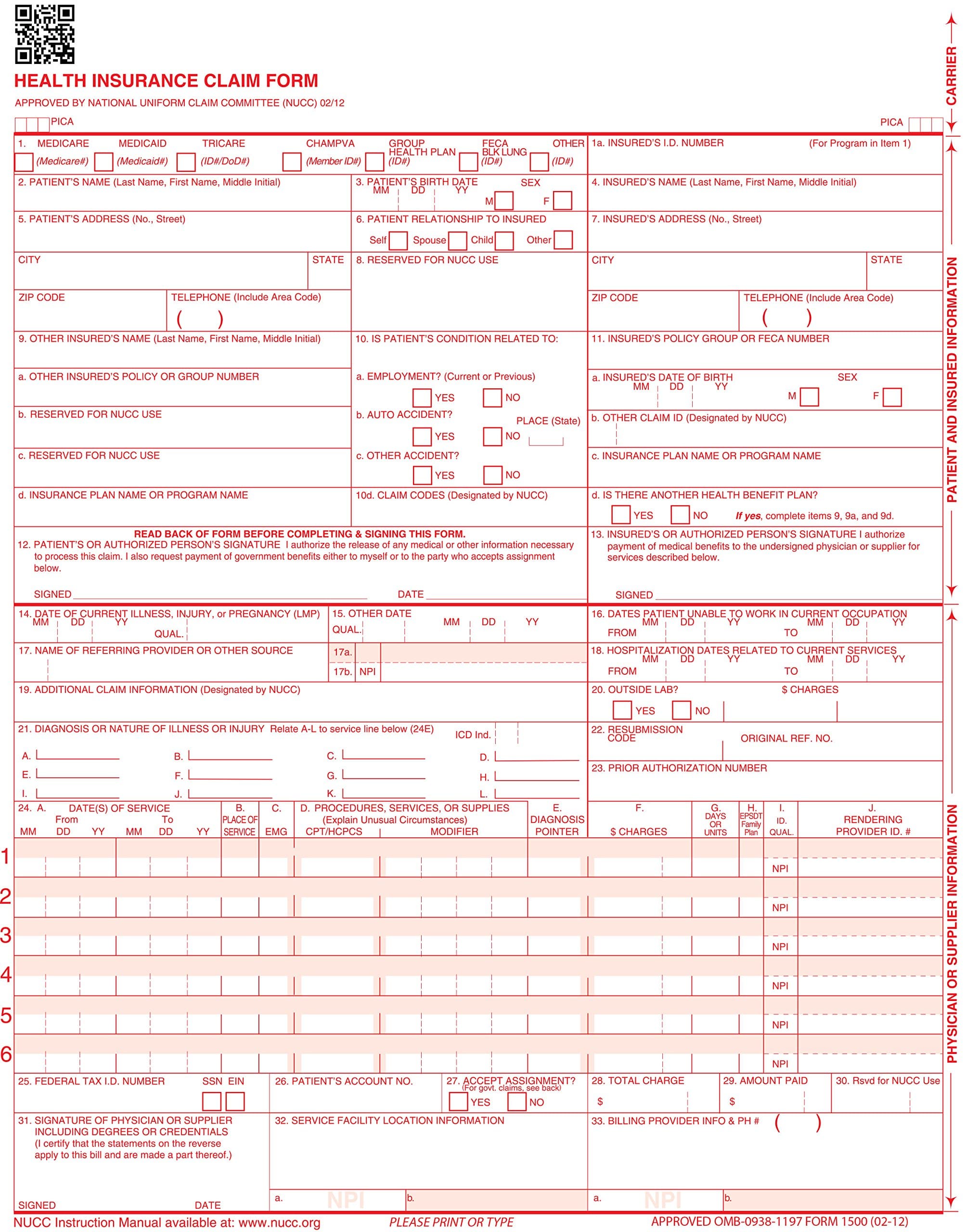 CMS 1500 Claim Forms "ICD-10" HCFA (Version 02/12) - Health Insurance, Laser Cut Sheet - 1000 Sheets