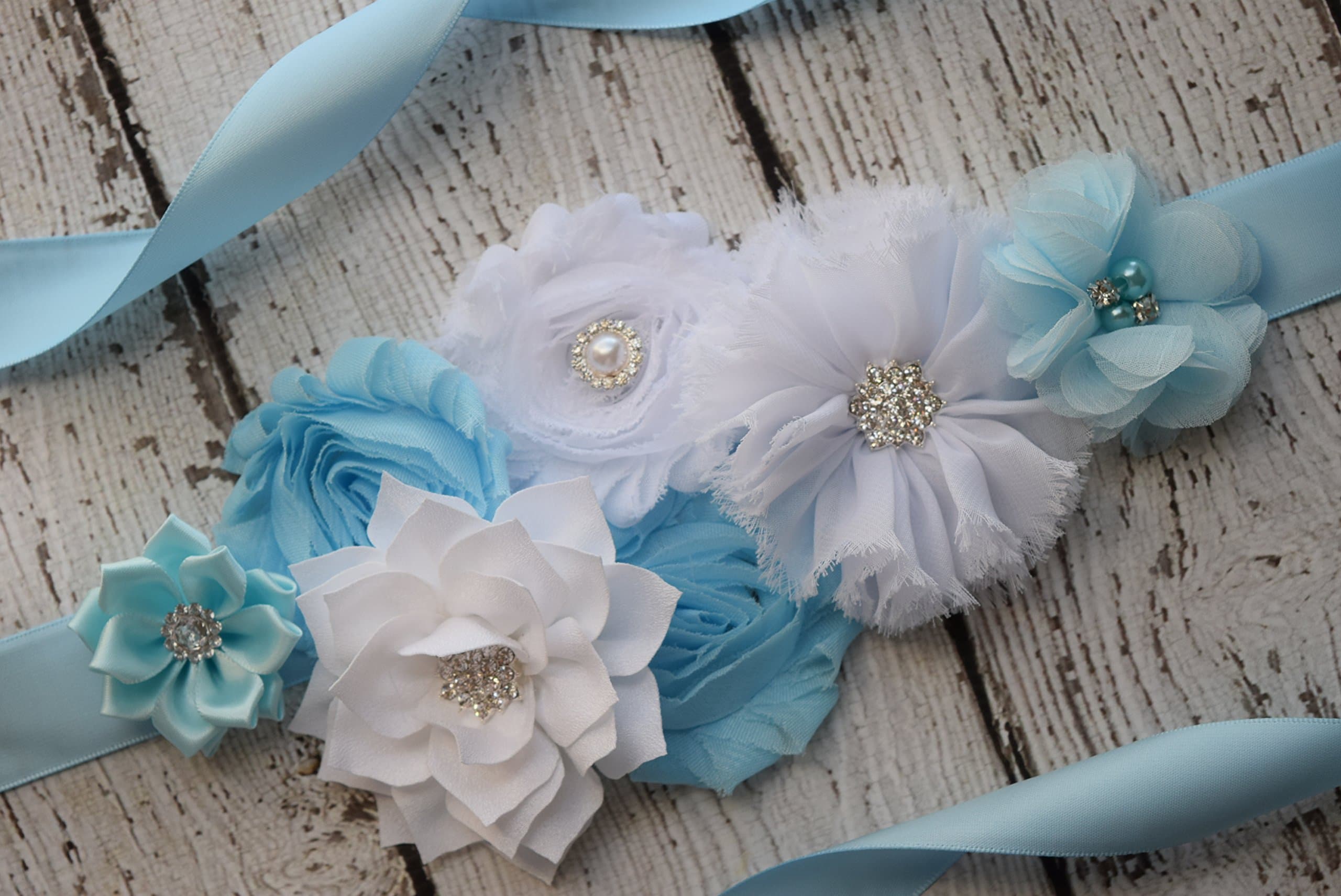 Flower Sash,light blue, white Sash, flower Belt, maternity sash