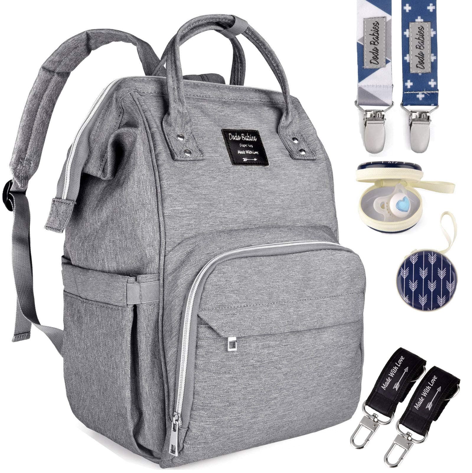 Dodo BabiesDiaper Bag Backpack Set - Insulated & Waterproof Pockets - Plus Two Pacifier Clips, Binky Case & Stroller Straps