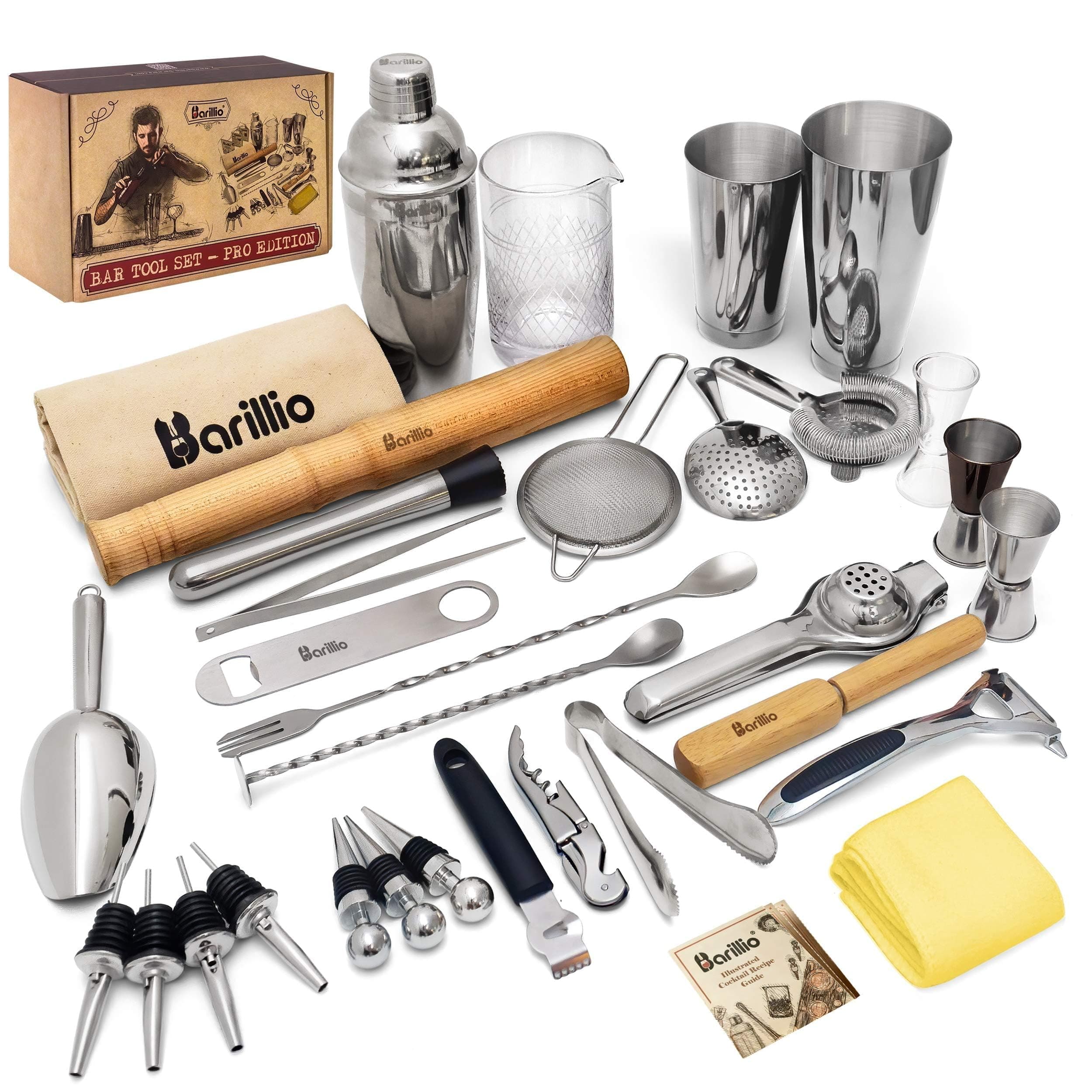 Barillio Bar Tool Set Pro Edition - Stainless-Steel Cocktail Shaker Set - Mixology Bartender Kit w/Boston Shaker, Drink Mixer & Muddler for Cocktails - Home Bar Accessories - 32-Pc Bar kit