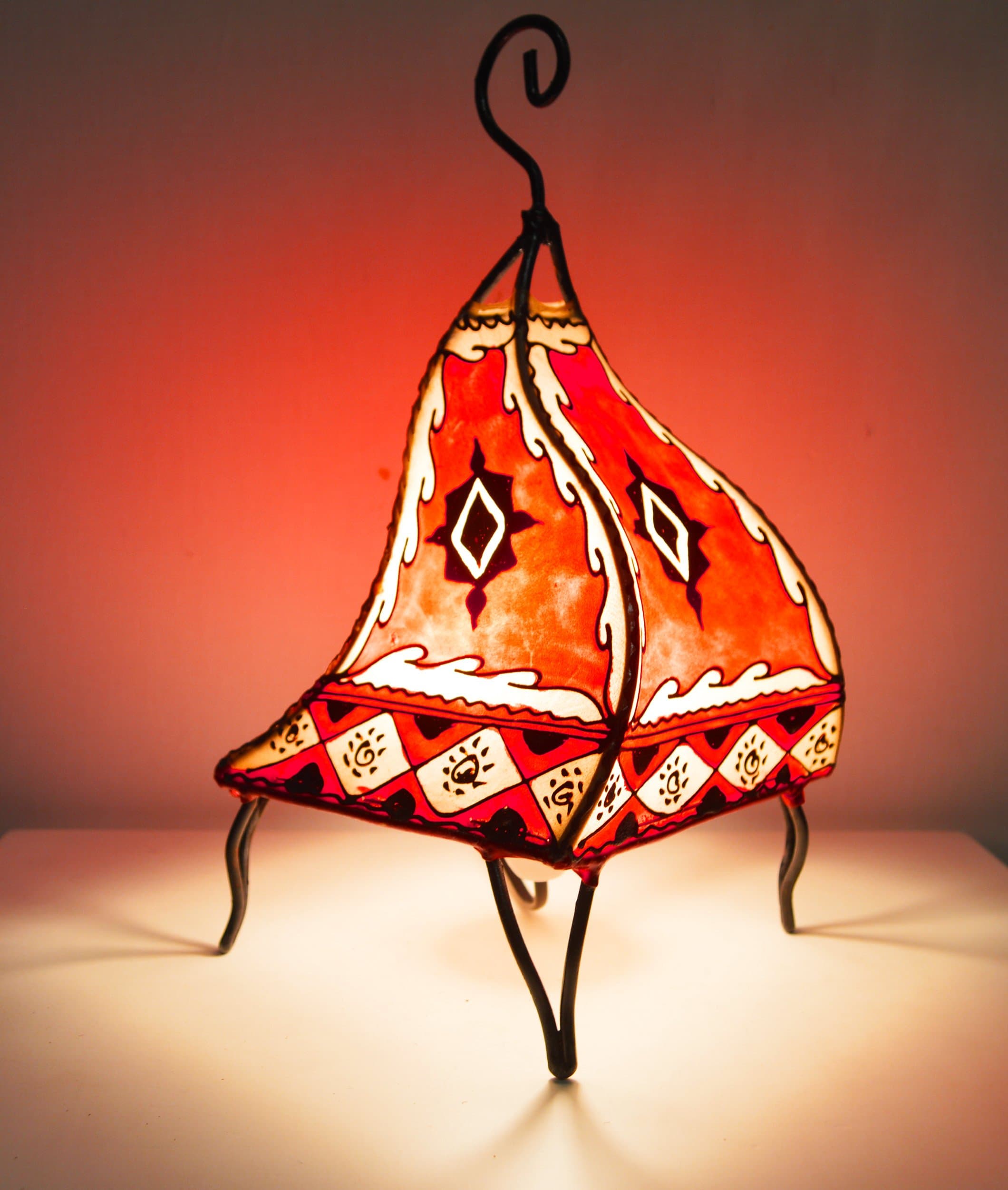 Painted Moroccan Henna Table Lamp - Pyramid - Red & Cream 38 cm -