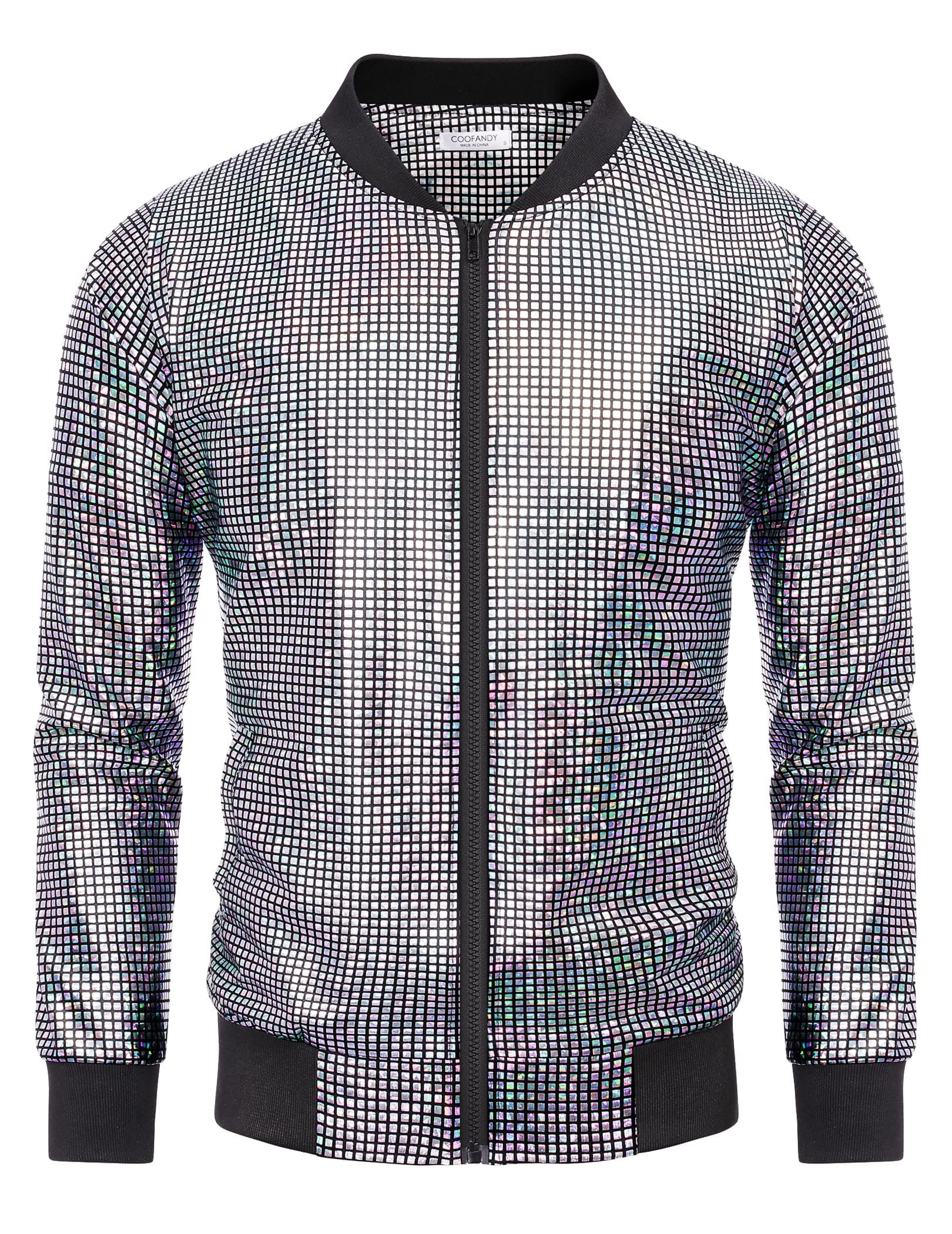 Men's Metallic Jacket 70s Disco Dance Party Costume Shiny Varsity Zipper Baseball Bomber Jacket