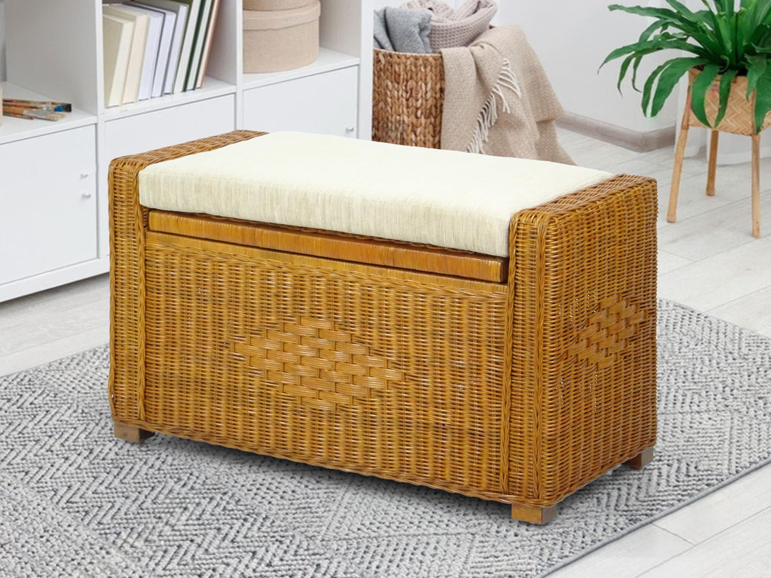 Bruno Handmade 32 Inch Rattan Wicker Chest Storage Trunk Organizer Ottoman W/Cushion Colonial