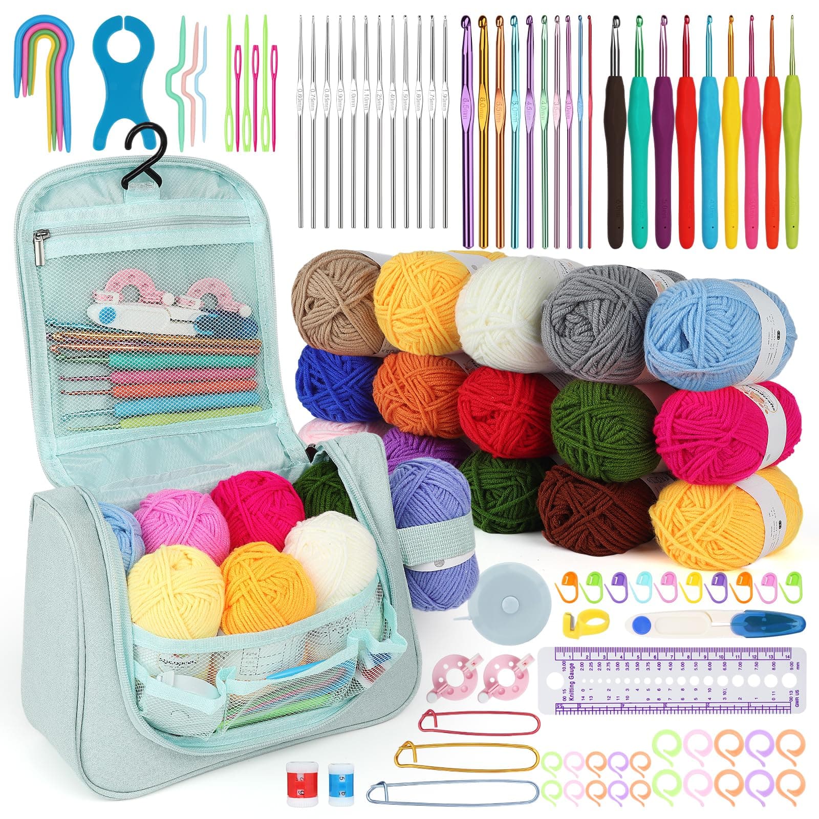 AeequeCrochet Set for Beginners with Ergonomic Crochet Hook, Crochet Hook Set with Acrylic Wool, Crochet Set for Crochet Socks, Scarves, Jumpers, Blanket, Colourful Crochet Set for Arthritis with