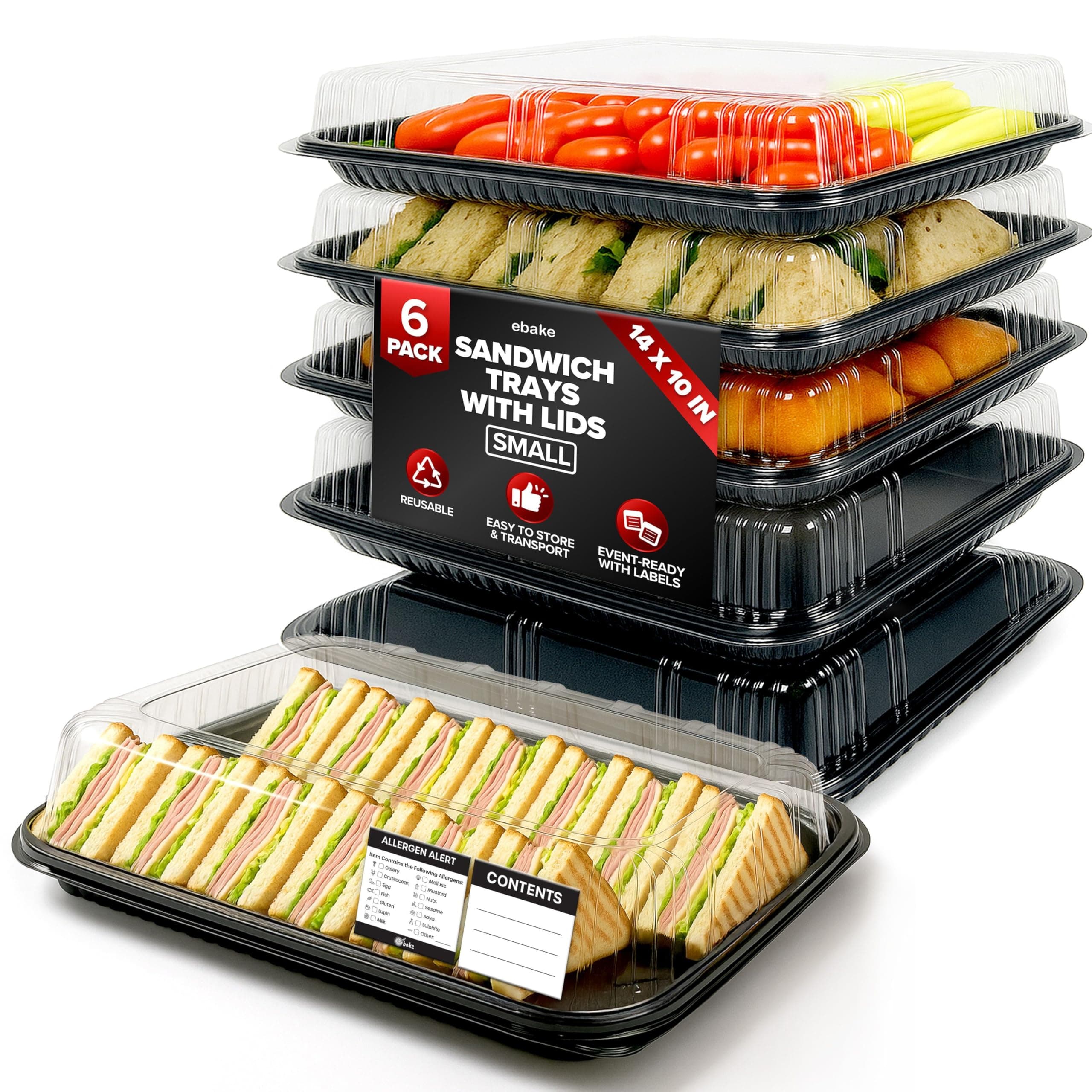 6 Pack Catering Trays with Lids – 13" Serving Tray with Lid, Heavy Duty Recyclable Plastic Party Platters for Catering, Buffet, Picnics & Events – Food Trays with Clear Lid (13.39 × 9.84 × 2.95 inch)