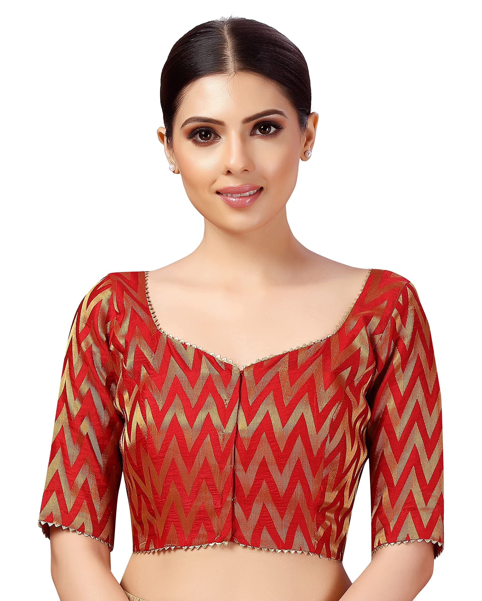 Studio Shringaar Women's Readymade Wave Design Banaras Brocade Saree Blouse with Elbow Length Sleeves