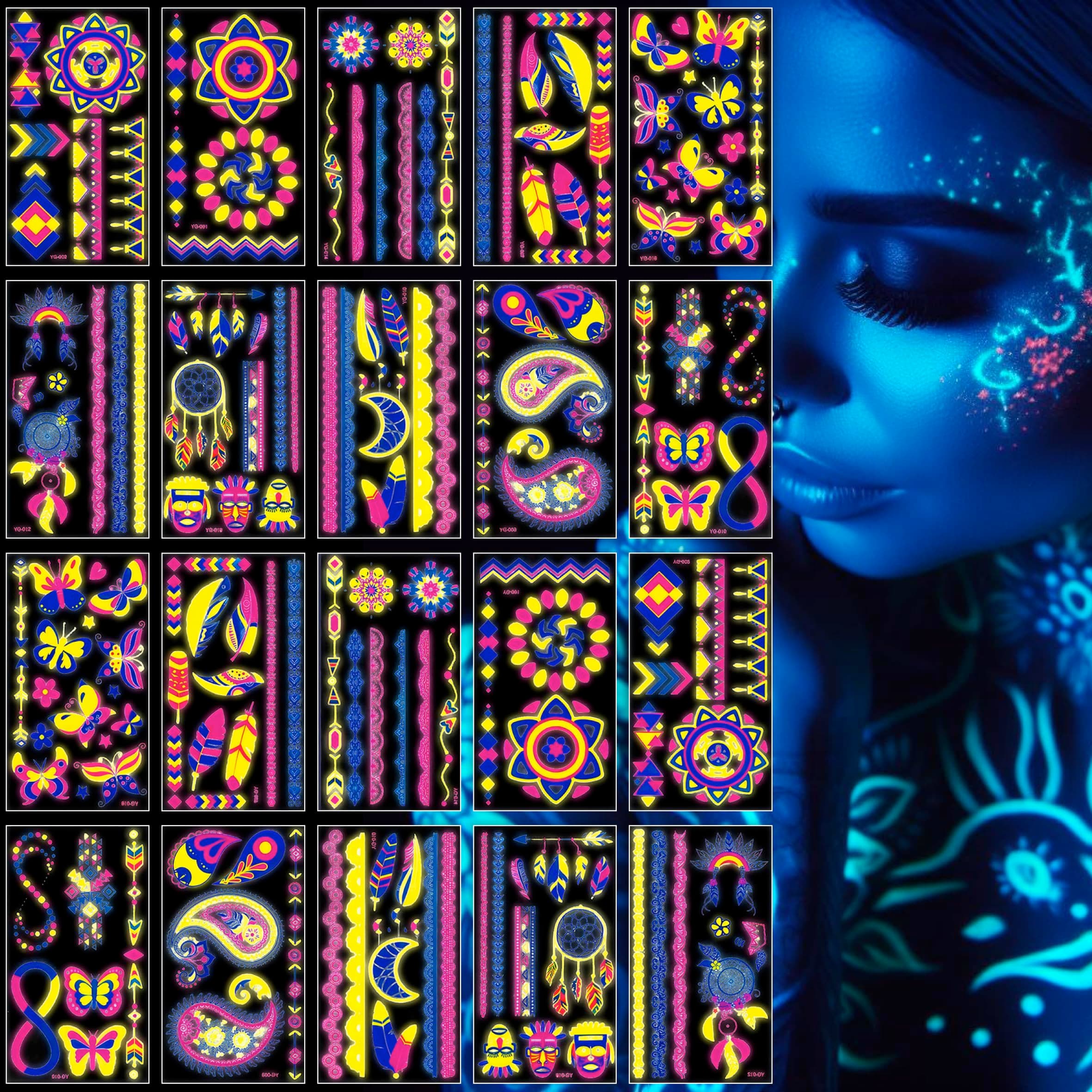 20 Sheets Over 170 Unique Designs Glow in The Dark Neon Temporary Tattoos Neon Temporary Tattoos Stickers Fake Tattoos UV Light Glow in Neon
