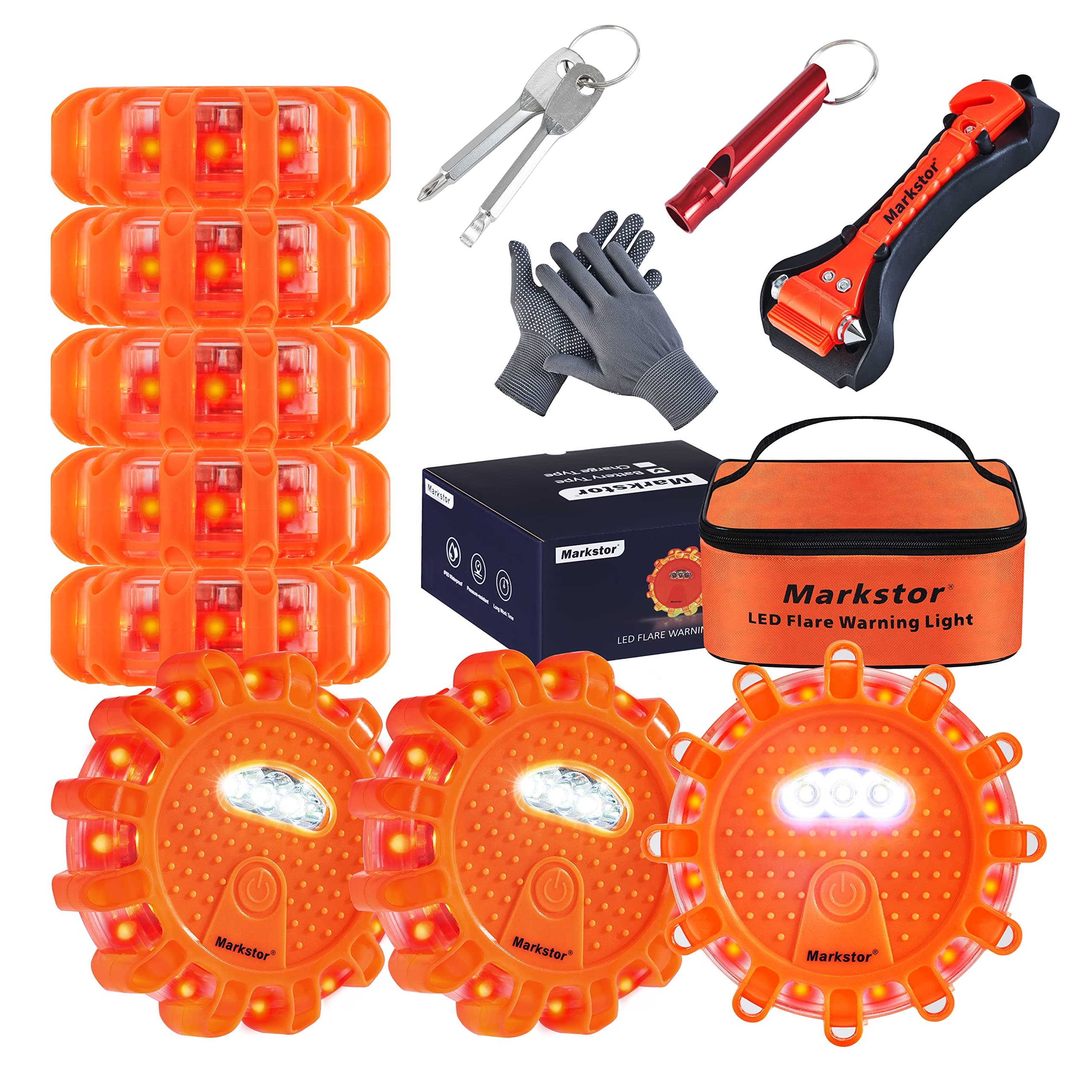 8 Pack LED Road Flares Emergency Lights 9 Flash Amber LED Safety Flares Warning Beacon Light for Vehicle,8 Beacons Disc Pack with A Whistle,Glove,Hammer (No Battery)