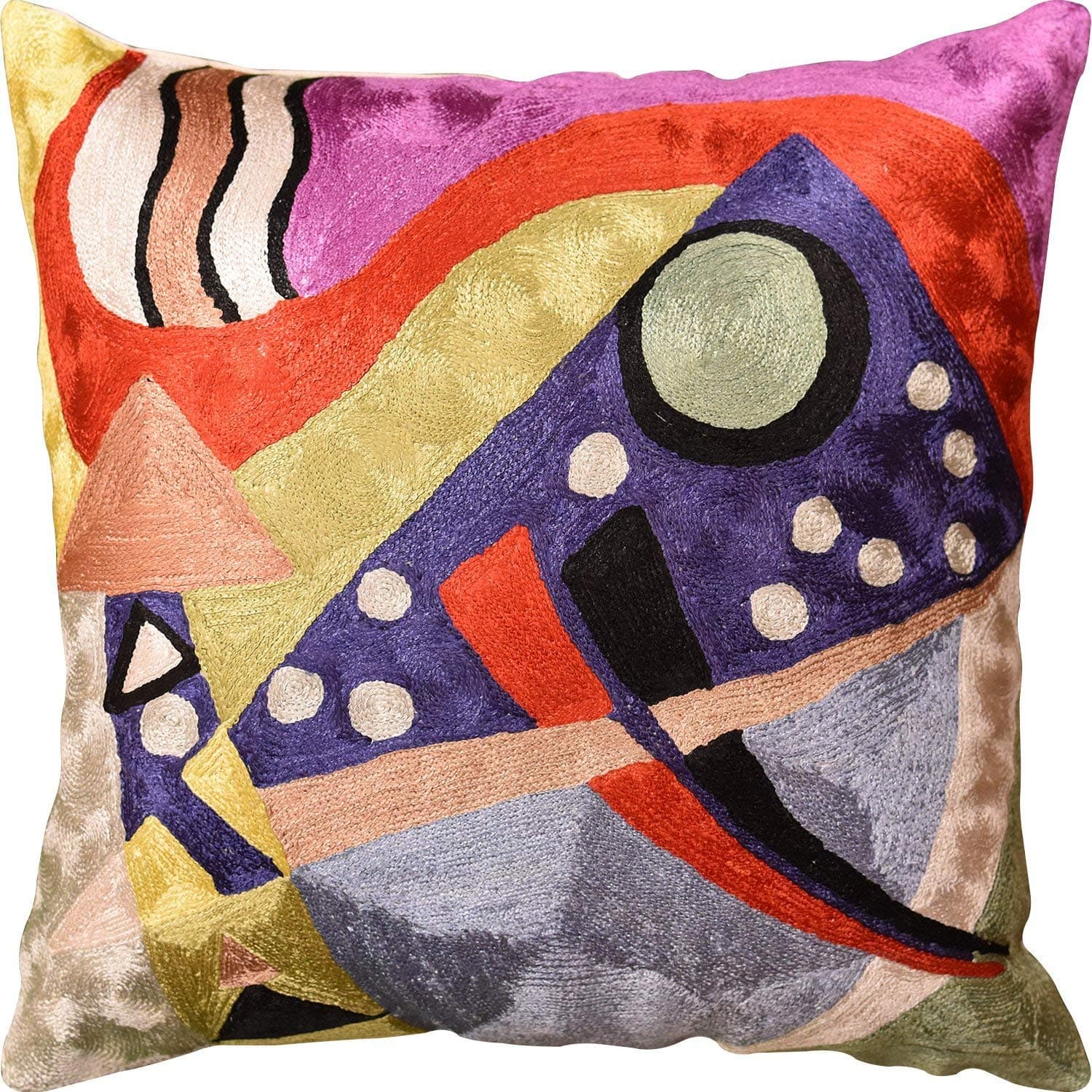 Kashmir Designs Kandinsky Blue Modern Throw Pillow Covers |Purple Abstract Pillows| Modern Chair Cushion | Contemporary Pillow | Modern Farmhouse Pillows | Hand Embroidered | Art Silk | Size - 18x18