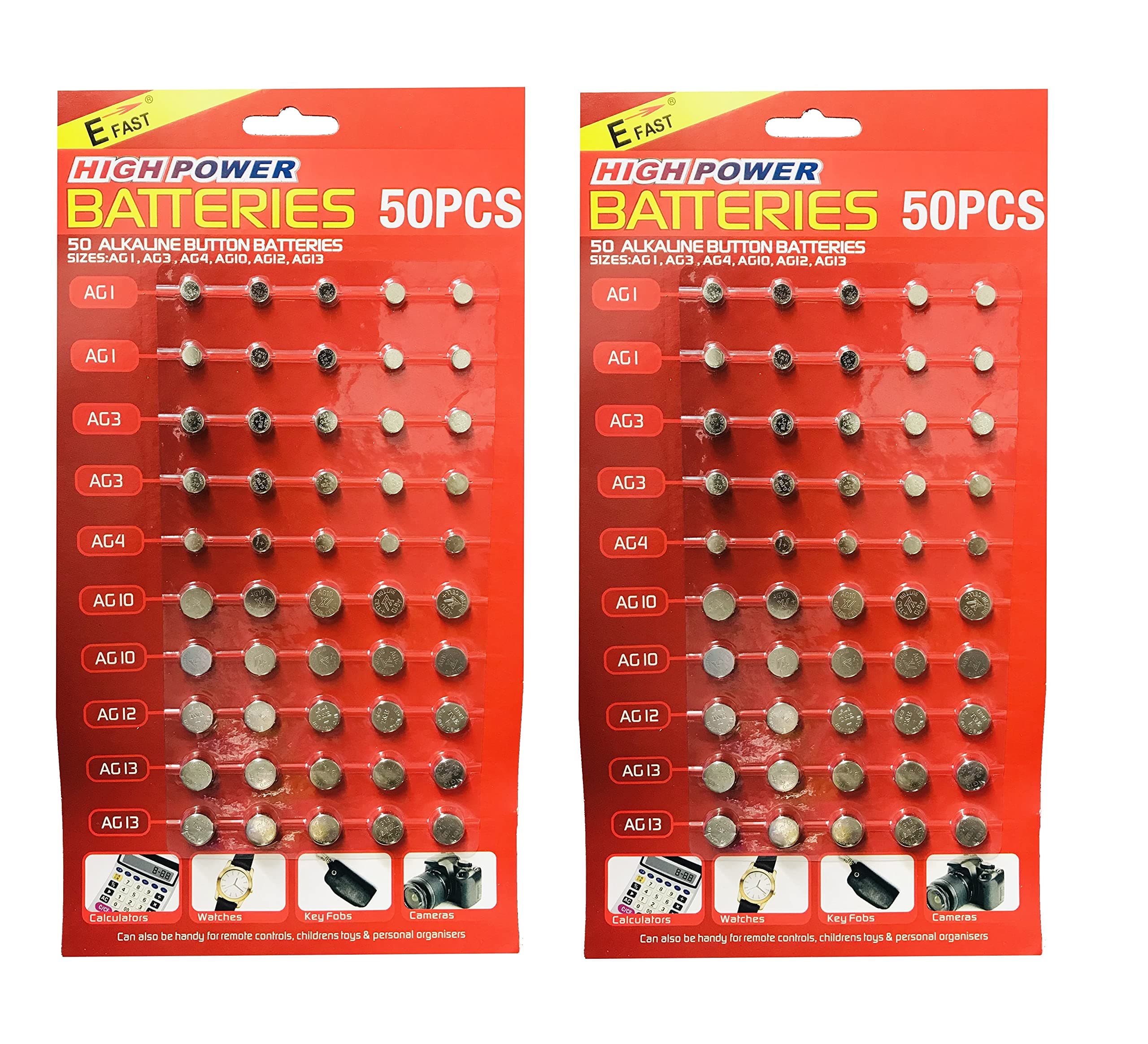 Assorted Mixed Alkaline Button Cell Batteries AG1/LR621 | AG3/LR41 | AG4/LR66 | AG10/LR54 | AG12/LR43 | AG13/LR44 Battery for Watches, Calculators, Key Fobs, Toys (Pack of 100)