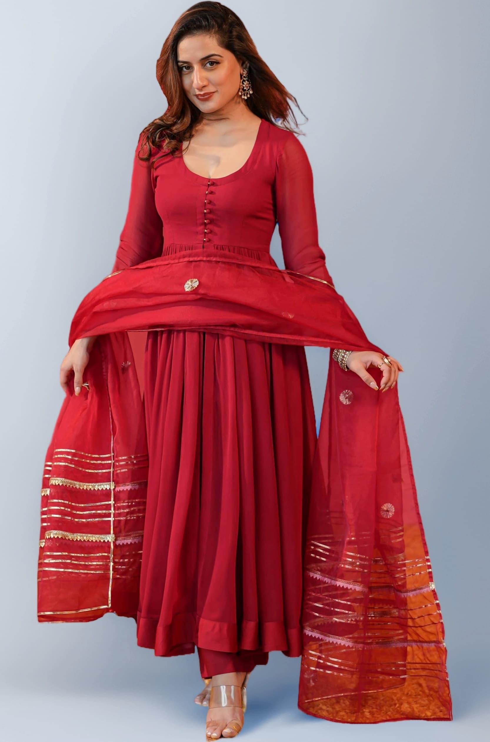 GoSriKi Women’s Rayon Viscose Anarkali Solid Kurta with Pant & Dupatta | Soft Comfortable Fabric | Elegant Flared Ethnic Wear Set for Festive Casual Office Daily Use