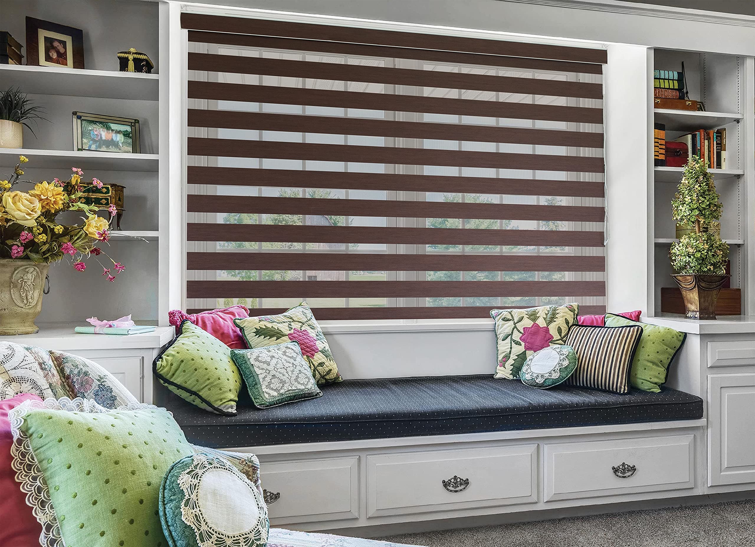 ZEBRA BLINDS Polyester Coffee - W150XH130CM - Sheer Horizontal Window Blinds and Shades for Daytime and Nighttime - Light Filtering Roller Shades for Windows