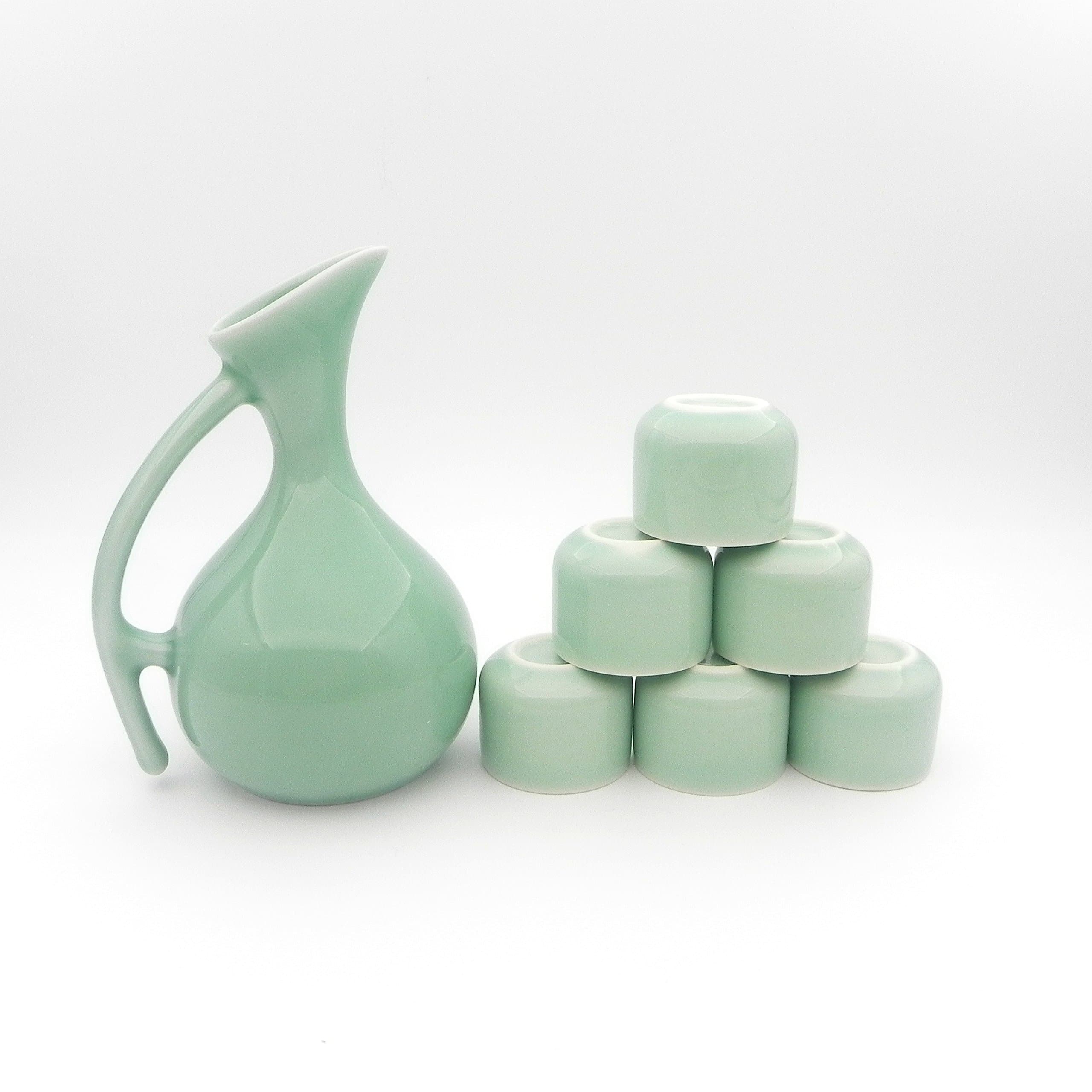 Ashbur Craftmanship 7 Piece Japanese Celadon Glazed Ceramic Sake Set, Swan Style (Plum Green)