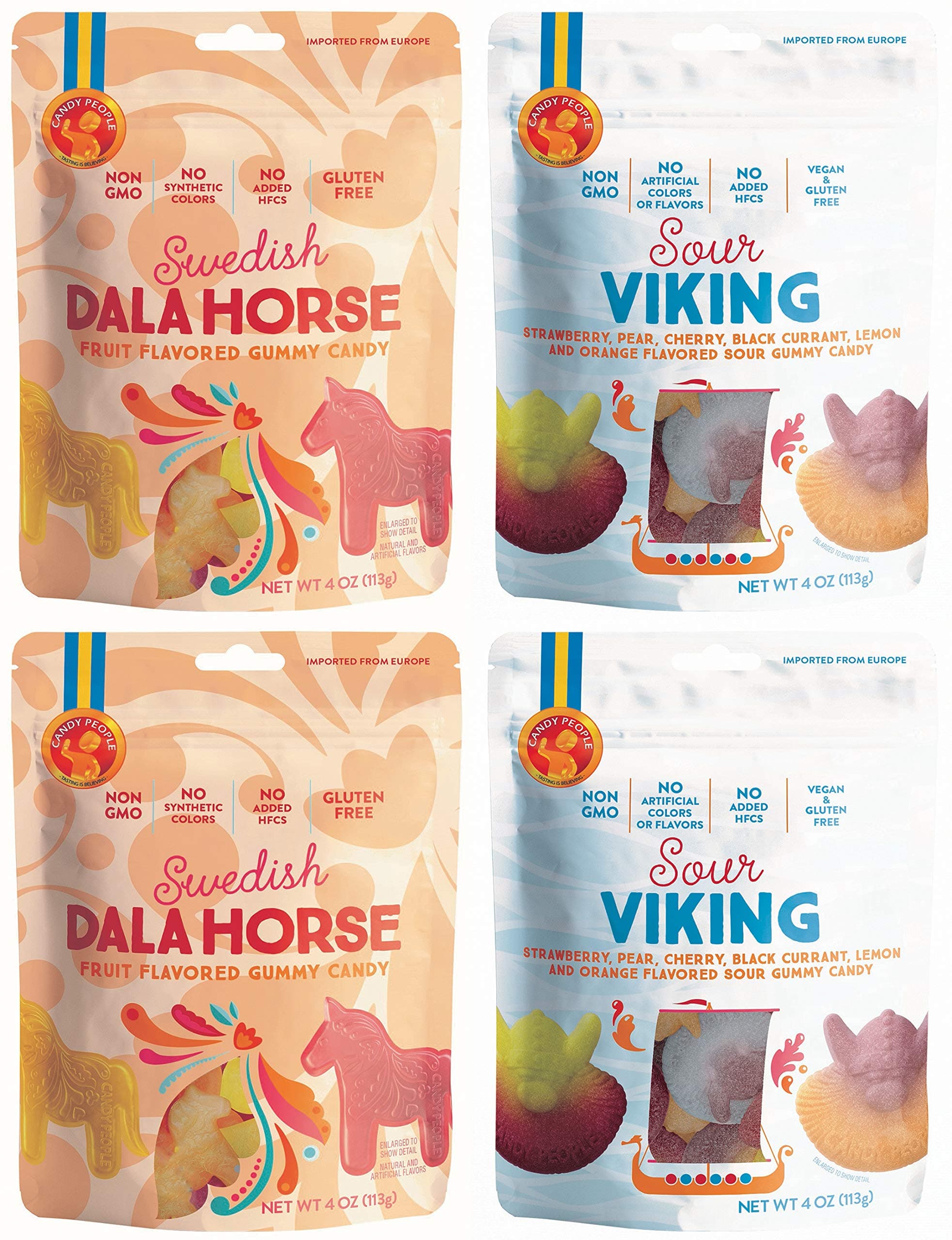 Candy People Swedish Candy Non-GMO Gummy Candy Variety Pack of 4 - Dala Horse and Sour Viking Candy