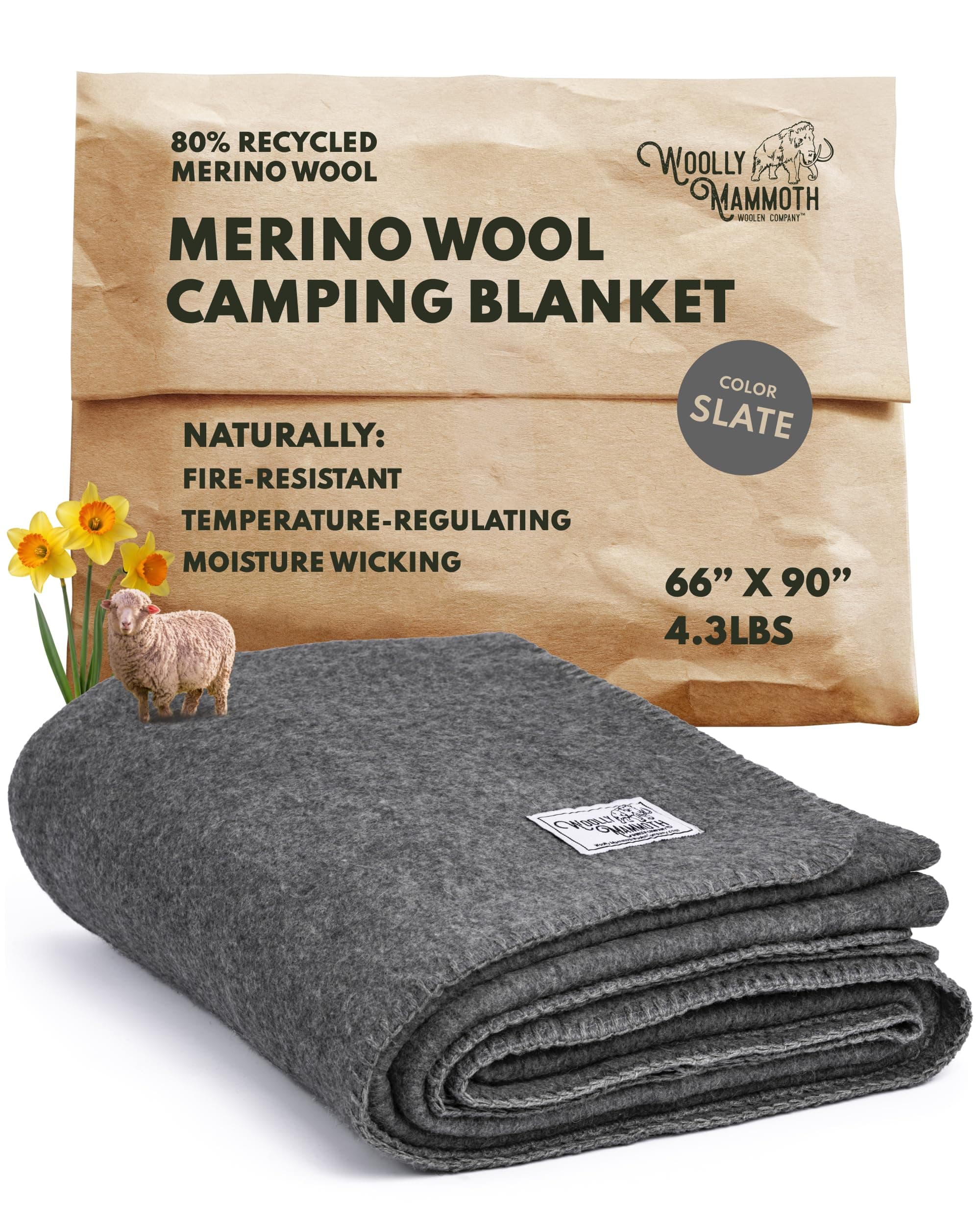 Woolly Mammoth Woolen Co. | Extra Large Merino Wool Camp Blanket | Perfect Outdoor Gear | Bedroll for Bushcraft, Camping, Trekking, Hiking, Survival, or Throw Blanket at the Cabin (Gray), 66" x 90"