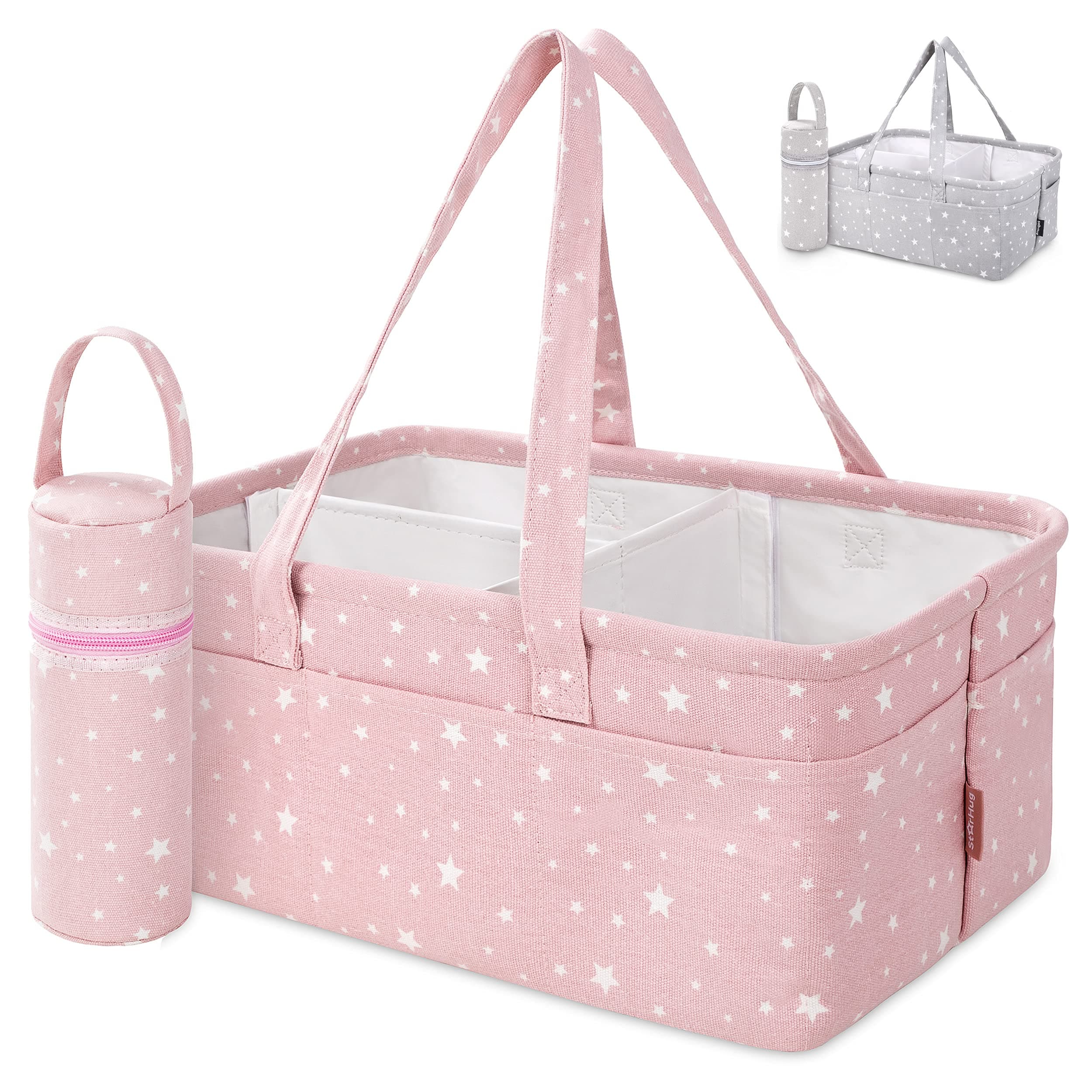 Baby Diaper Caddy Organizer - Baby Shower Basket | Large Nursery Storage Bin for Changing Table | Car Travel Tote Bag | Newborn Registry Must Have | Bonus Bottle Cooler | Pink