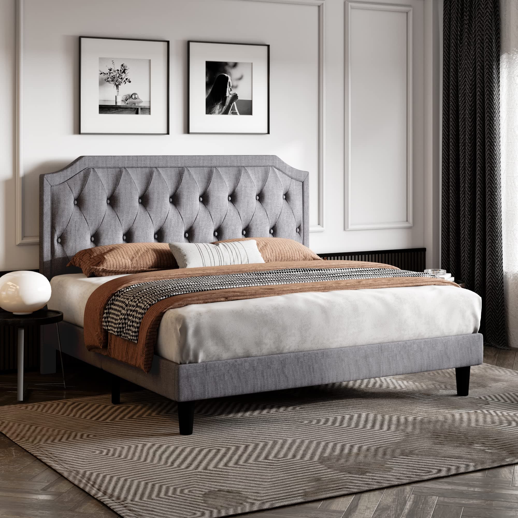 SHA CERLIN Full Size Upholstered Platform Bed with Curved Rhombic Button Tufted Headboard, Easy Assembly, Light Grey