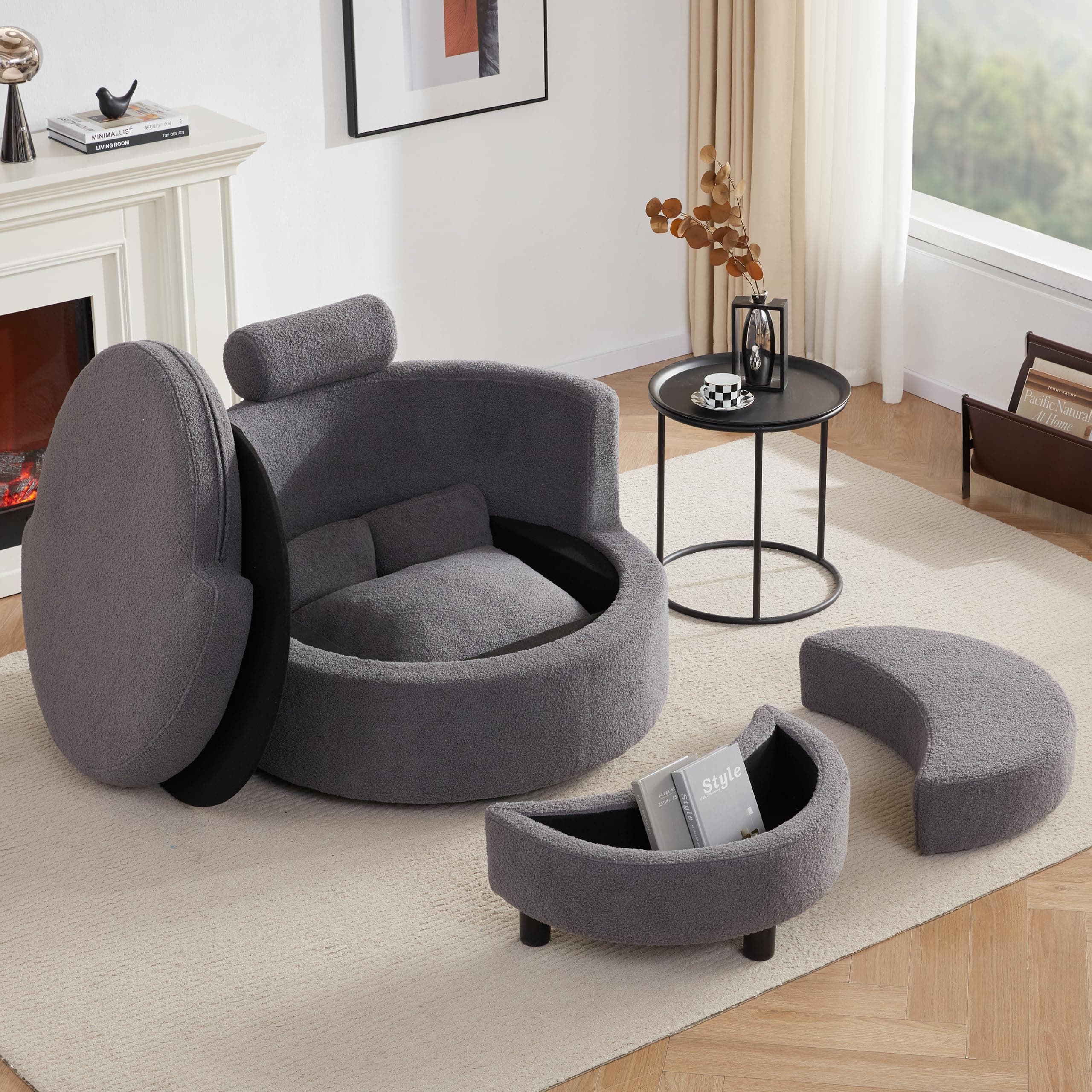 39.8” Swivel Accent Barrel Chair with Storage, Oversized Round Chairs with Half Moon Ottoman, Swivel Barrel Chaise Lounge Indoor with Neck Support Pillow, Barrel Chairs for Living Room, Grey