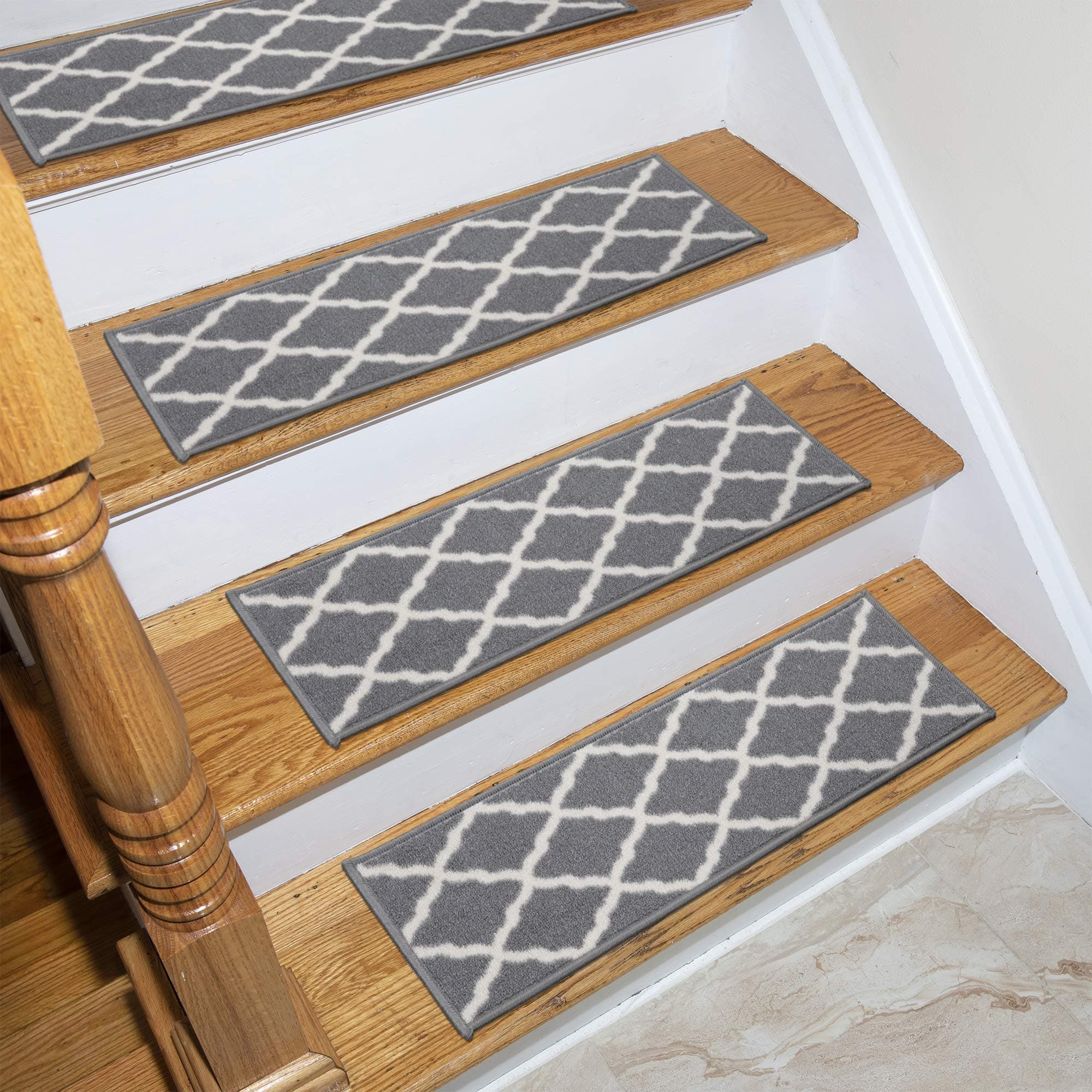Machine Washable Moroccan Trellis Design Non-Slip Rubberback 8.5" x 26" Traditional Indoor Stair Treads for Wooden Stairs, 7 Pack, Gray
