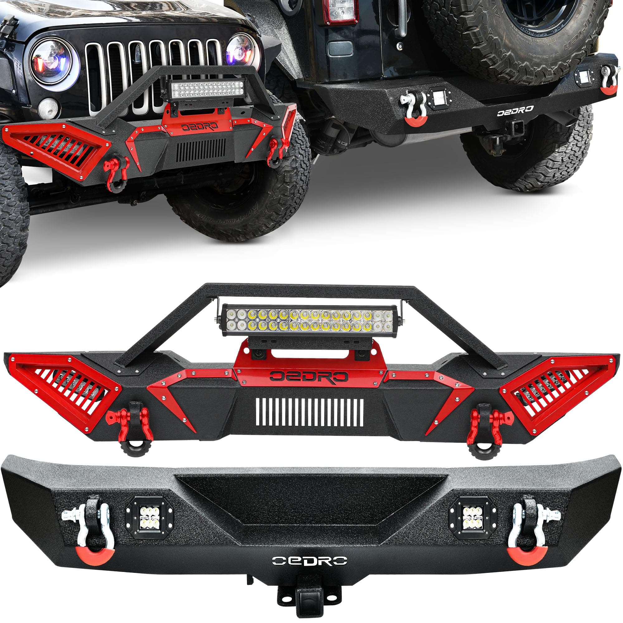 OEDRO Front and Rear Bumper Compatible for 2007–2018 Jeep Wrangler JK with 2" Hitch Receiver, D-Rings, and LED Lights, Rock Crawler Style, Textured Black Finish