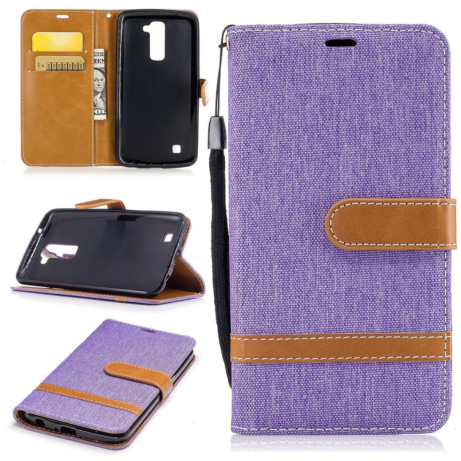 LG K10 Case, LG K10 2016 Case, Jeans Denim PU Leather Magnetic Closure Flip Folio Wallet Cover Case for LG K10 2016/Premier Lte with Card Slot, Kickstand, Wrist Strap ( Color : Purple )
