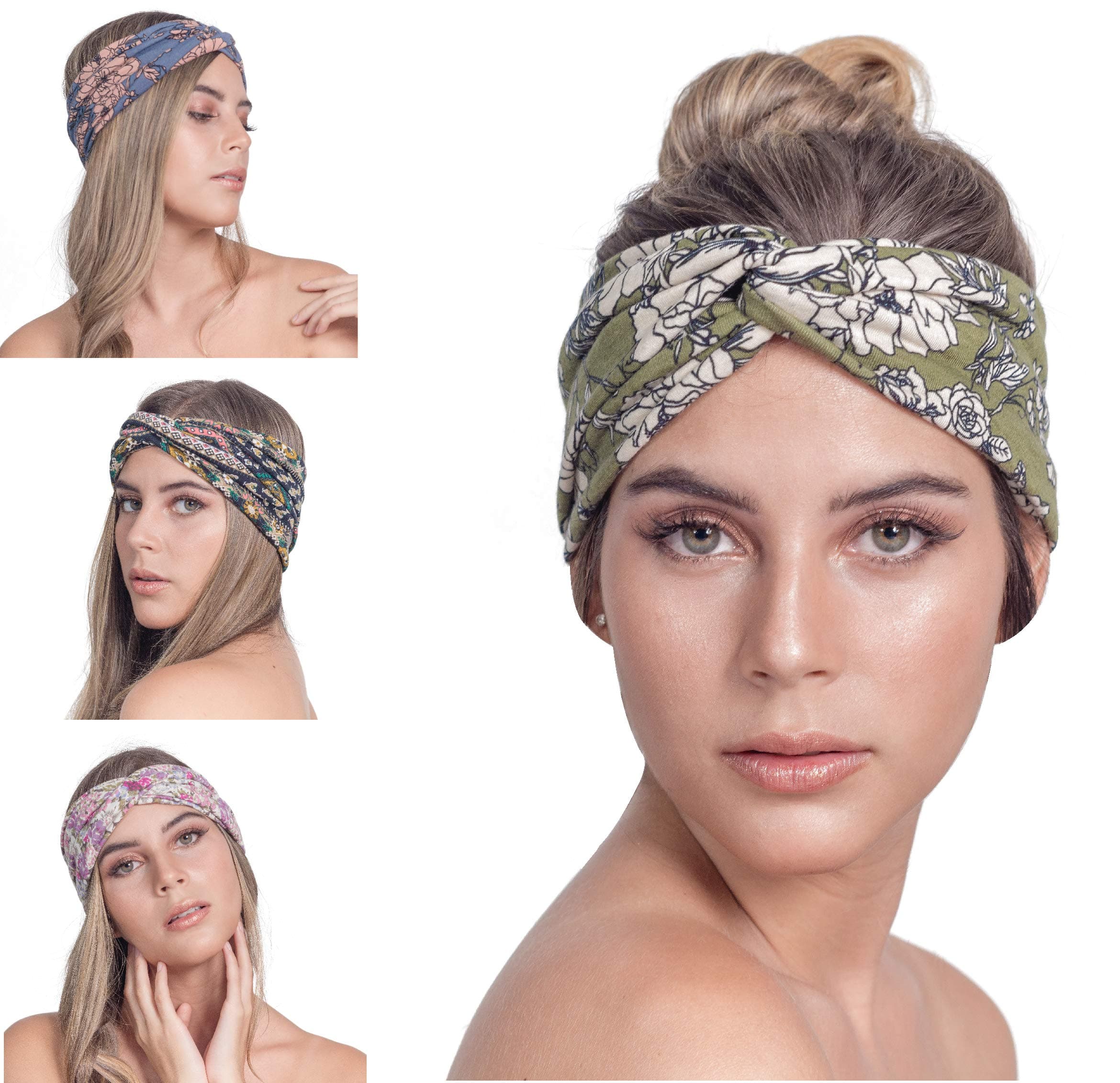 4 Pack Boho Bandeau Headbands Wide Thick Knotted Head wraps Stretch Turbans Cute Twisted Hair wraps Bandanas Criss Cross Head bands Fashion Designer Hair bands for Women Diademas para Mujer de Moda
