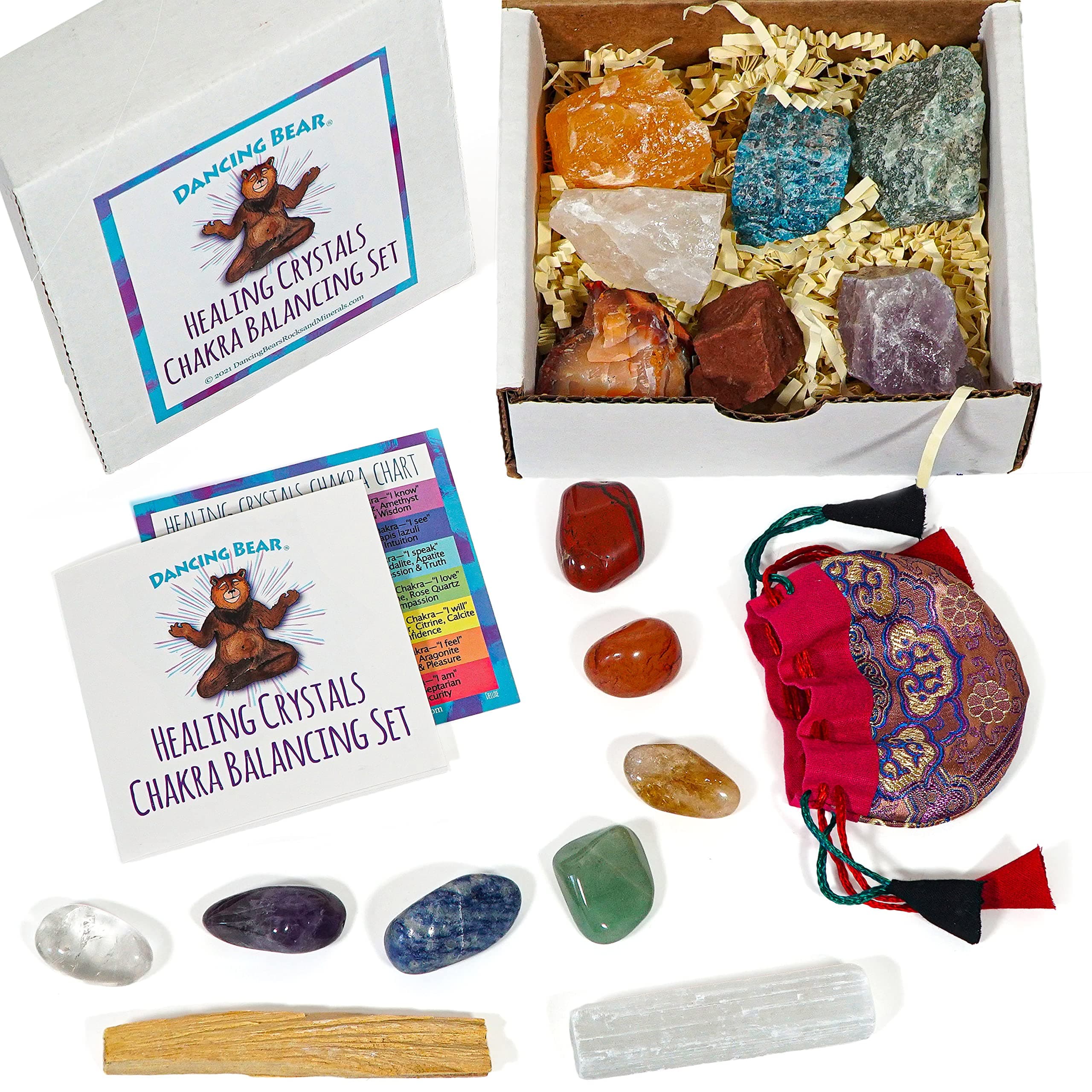 Dancing Bear Healing Crystals Chakra Balance Kit (16 Pc Starter Set), 7 Tumbled Stones, 7 Rough Stones, Selenite Wand & Palo Santo Smudge Stick for Good Energy, Chart and Guide with Metaphysical Info