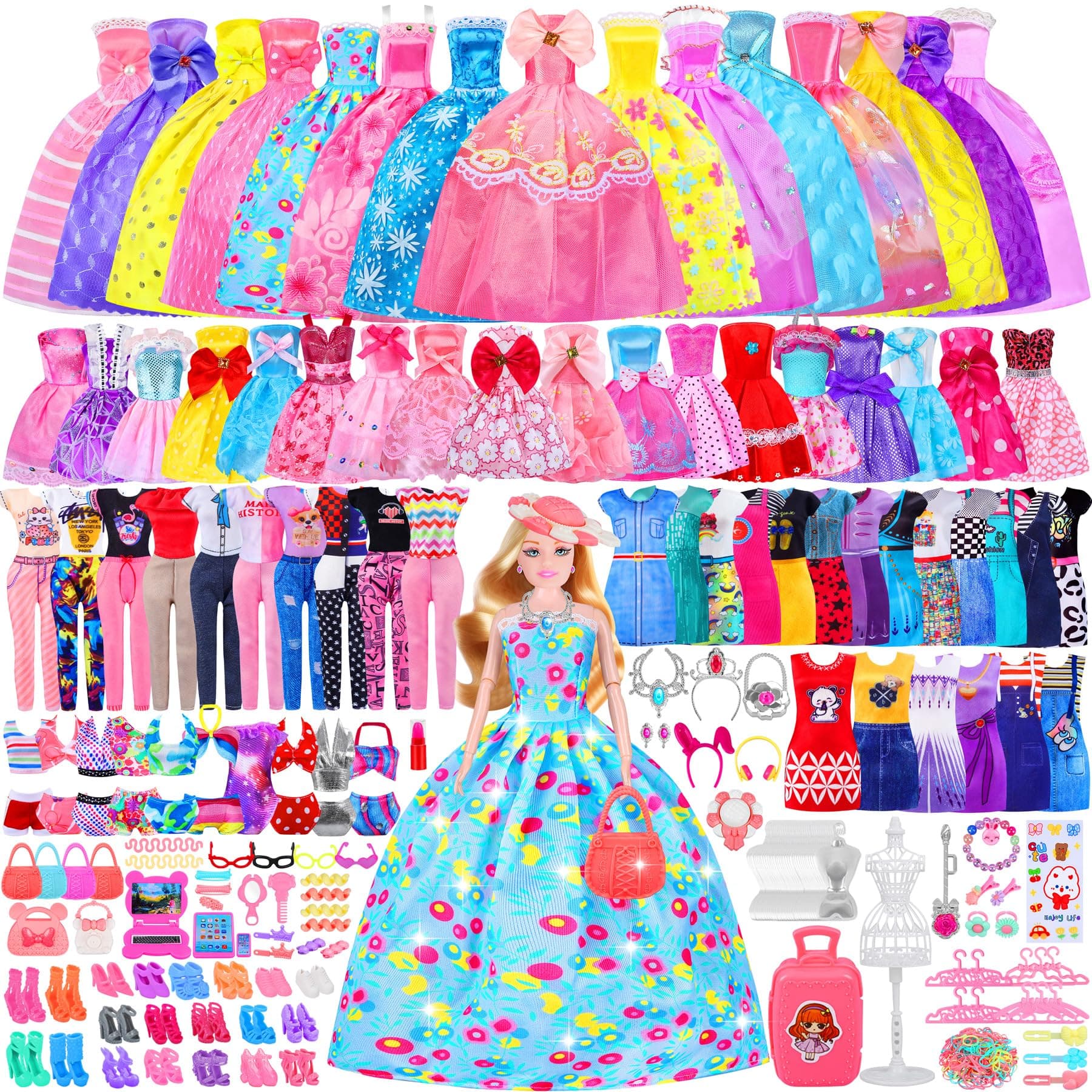342 Pcs Doll Clothes and Accessories with Doll, Princess Gowns, Fashion Dresses, Top, Pants, Swimsuits, Shoes, Hangers and Other Accessories, Doll Playset Dress up Toy for Girls Toddlers Gift Toys