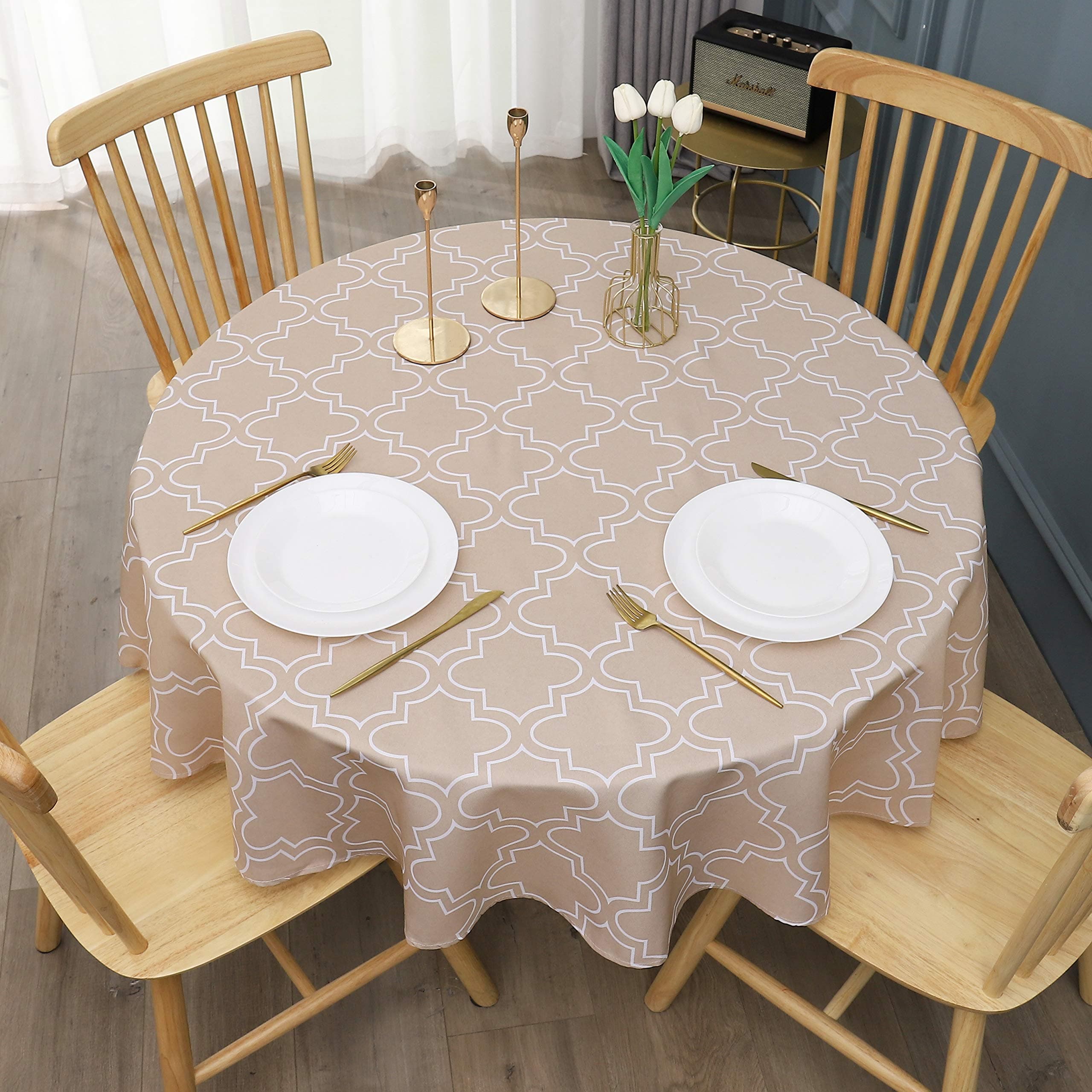 AooHome 60 Inch Round Geometric Tablecloth, Polyester Spill-Proof Water Repellent Geometric Quatrefoil Table Cloth for Holiday Party, Gathering, Machine Washable, Heavy Weight, Khaki