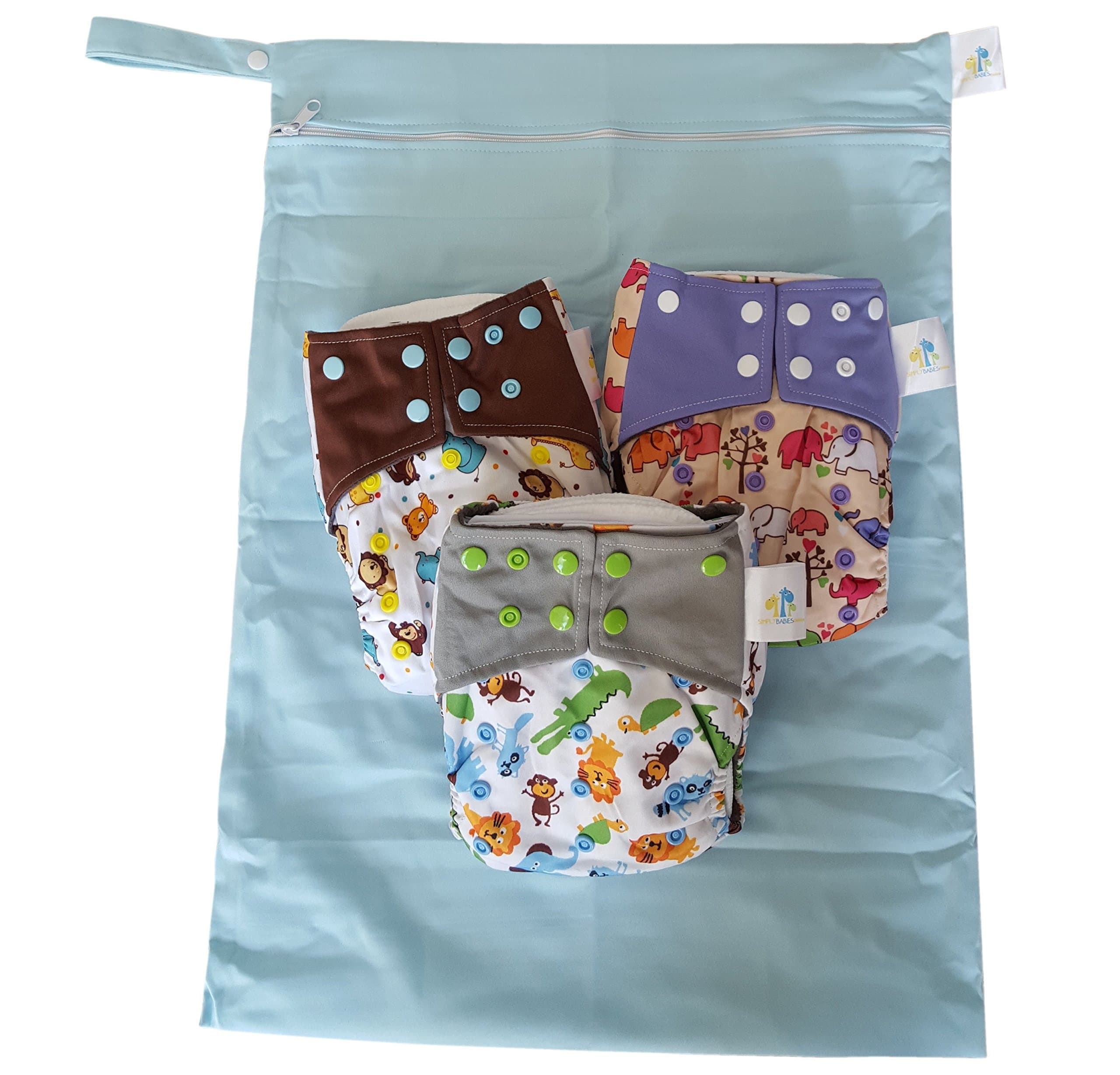 Bambungle Multi Pack | 3 Reusable Bamboo Cloth Nappies & EXTRA LARGE Wetbag