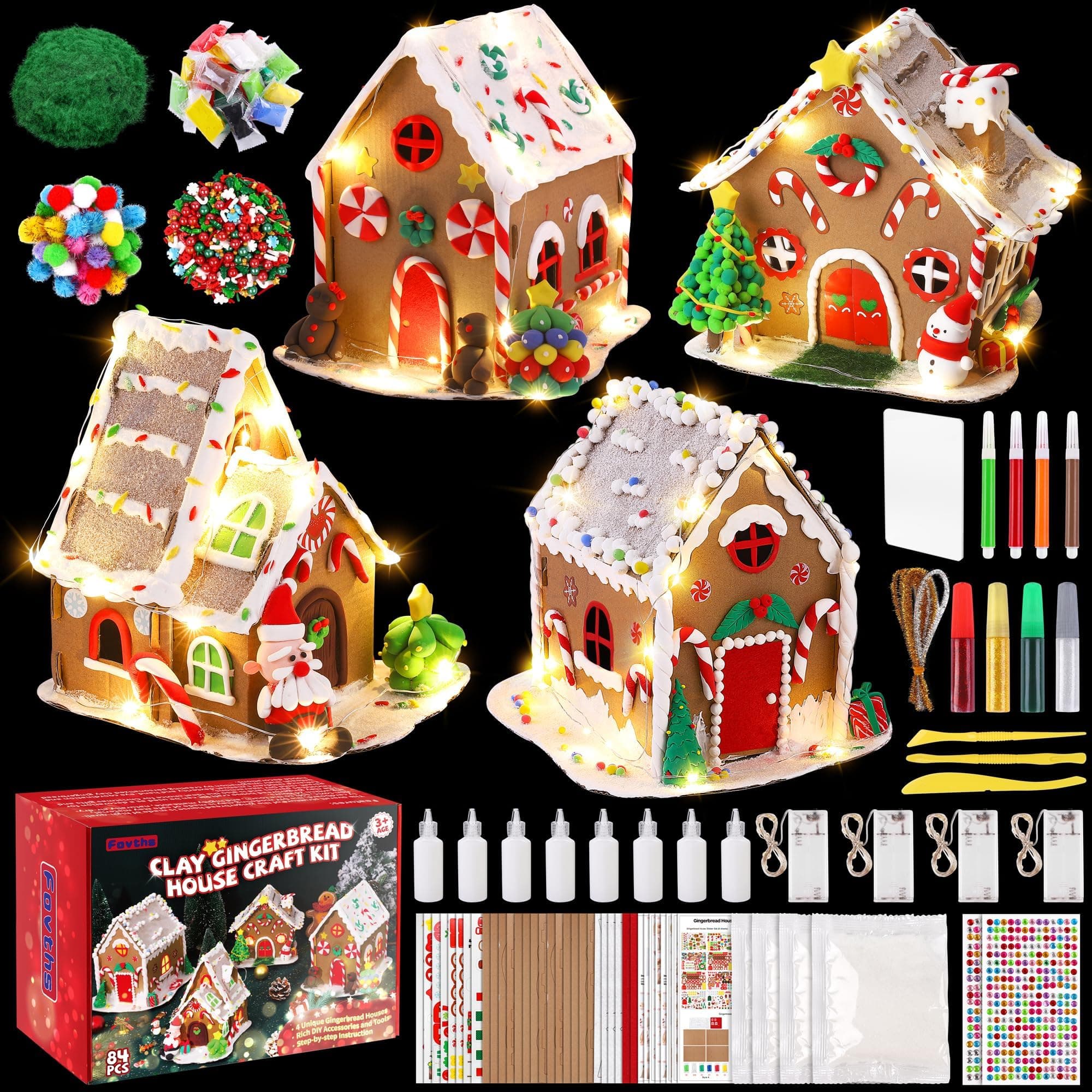 Fovths 4 Sets Clay Christmas Gingerbread House Kit with Lights Craft Cardboard Gingerbread House DIY Christmas Decorations Holiday Activity Arts and Crafts for Christmas Party Supplies Decoration