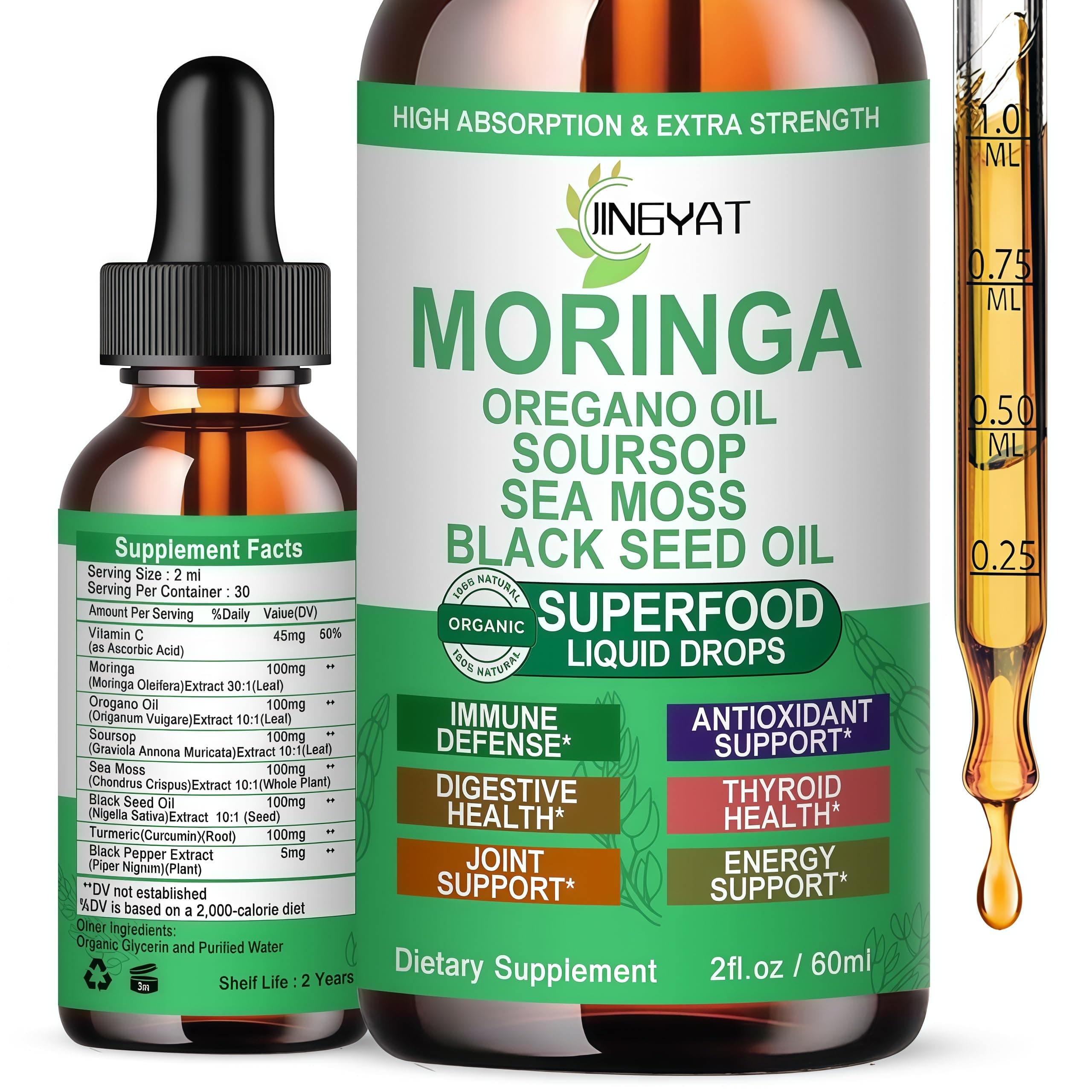 Moringa Liquid Drops,Organic High Absorption Moringa Tincture w/Soursop Sea Moss Black Seed Oil Oregano Oil,Pure Moringa Oleifera Leaf Extract for Energy,Skin,Immune & Gut Health,Non-GMO,30 Servings