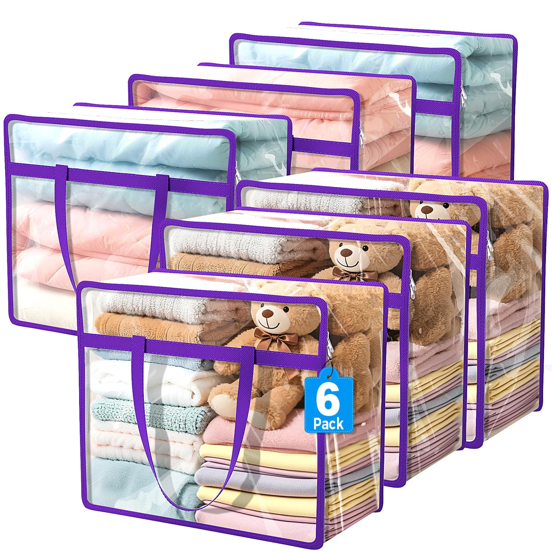 Budding Joy 6 Pack Clear Zippered Storage Bags for Clothes,40L Closet Organizers and Storage Containers Vinyl Moving Bag for Bedding, Linen, Blankets, Comforters, Clothing & Toys