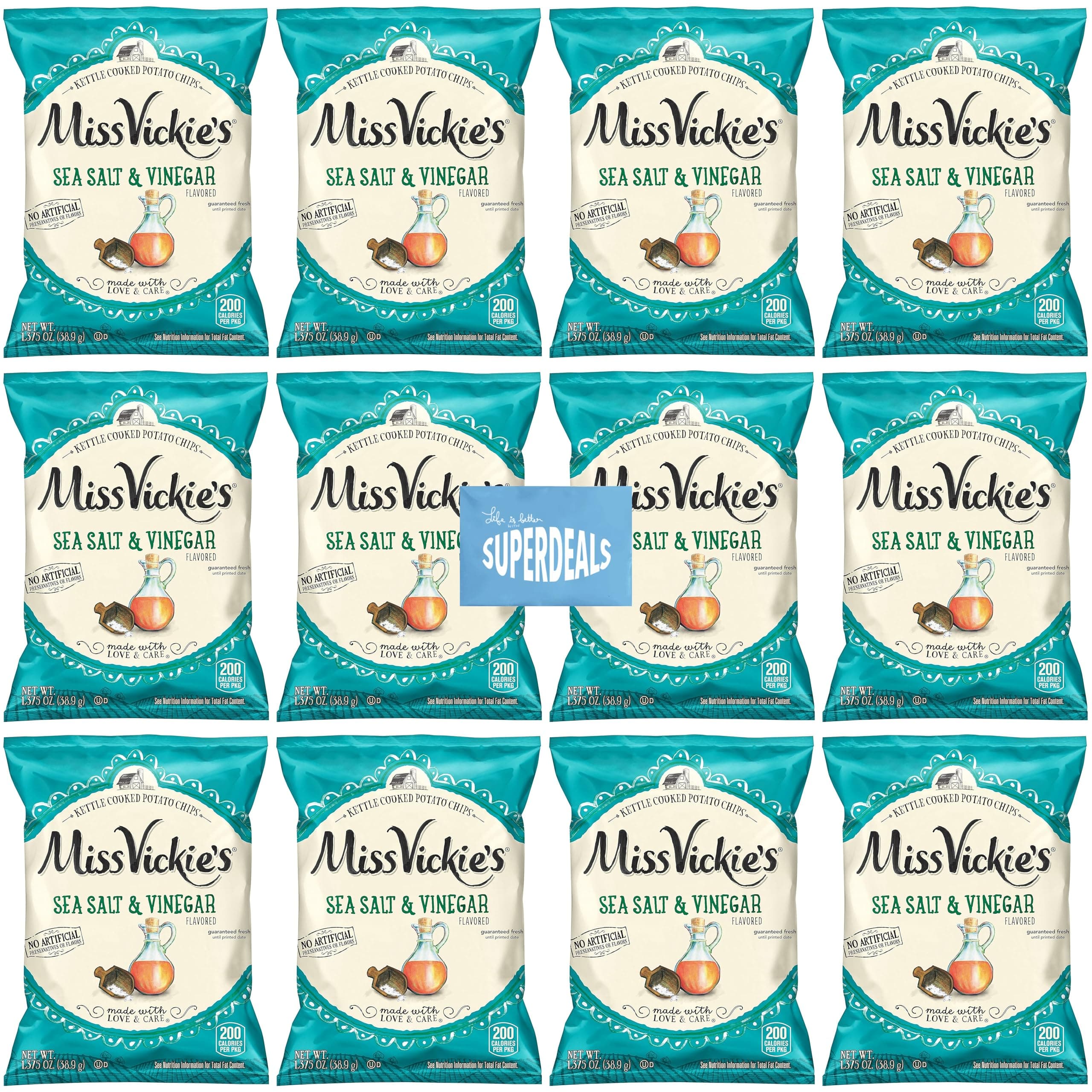 Kettle Cooked Potato Chips by Miss Vickie's Value Pack Bundled by SUPERDEALS | 1.375 Oz Bag | Sea Salt & Vinegar | Pack of 12 with mystery bonus gift