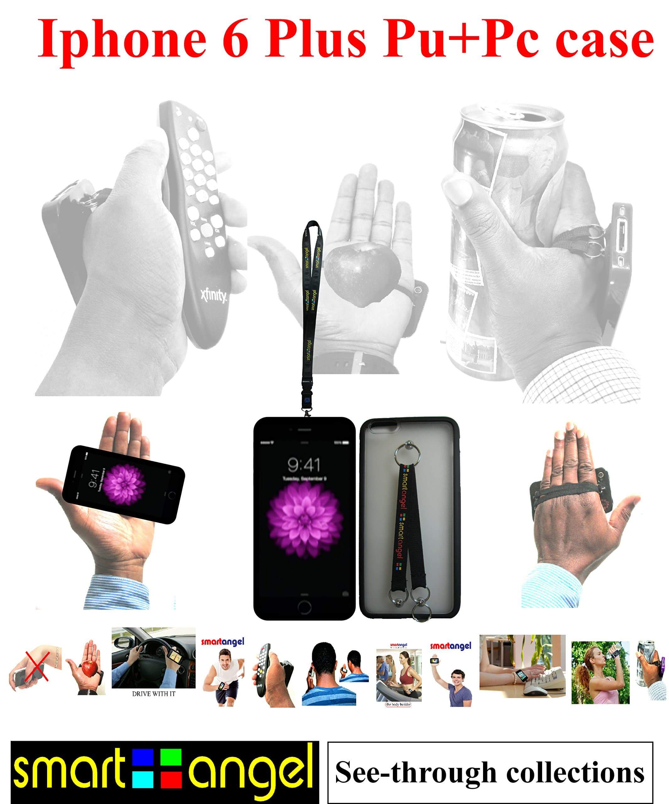 iPhone 6plus Case Made of Pu+pc with Duo Hand and Neck Straps - Black