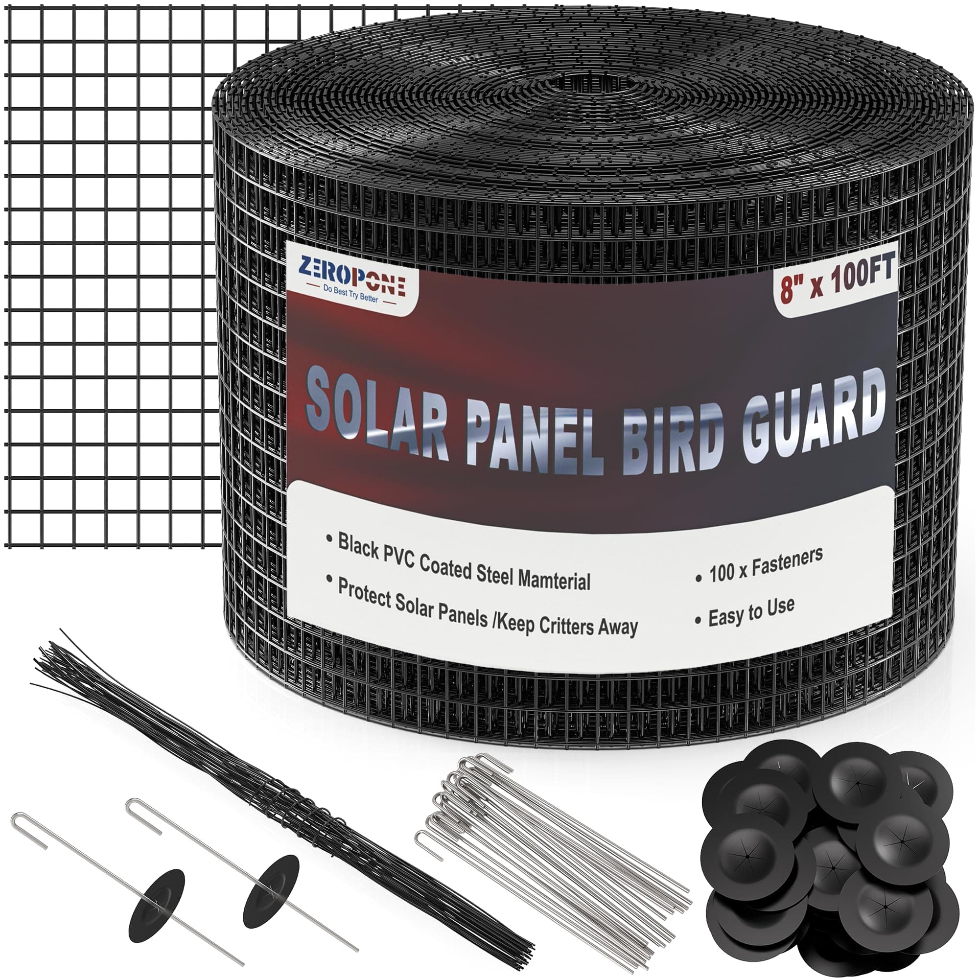 8inch x 100ft Solar Panel Bird Guard, Critter Guard for Solar Panels with 100 Pcs Stainless Steel Fasteners, Removable PVC Coated Pigeon Netting Wire for Squirrel, Bird, Critters Proofing