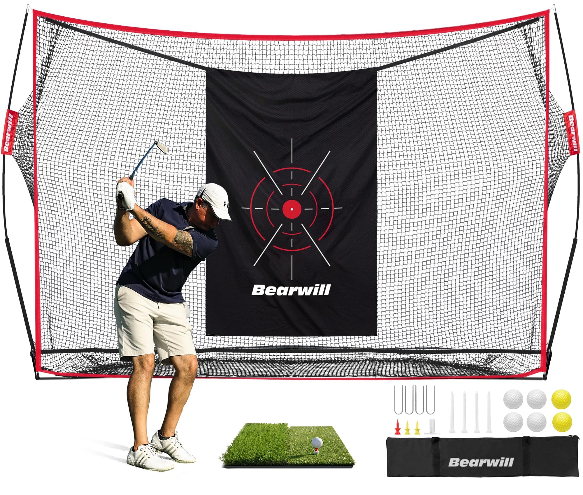 Golf Net, 10x7ft Heavy Duty Golf Practice Nets with Mat, Target Cloth, 8 Tees, 6 Balls, Carry Bag for Backyard Driving Chipping Indoor Outdoor Training