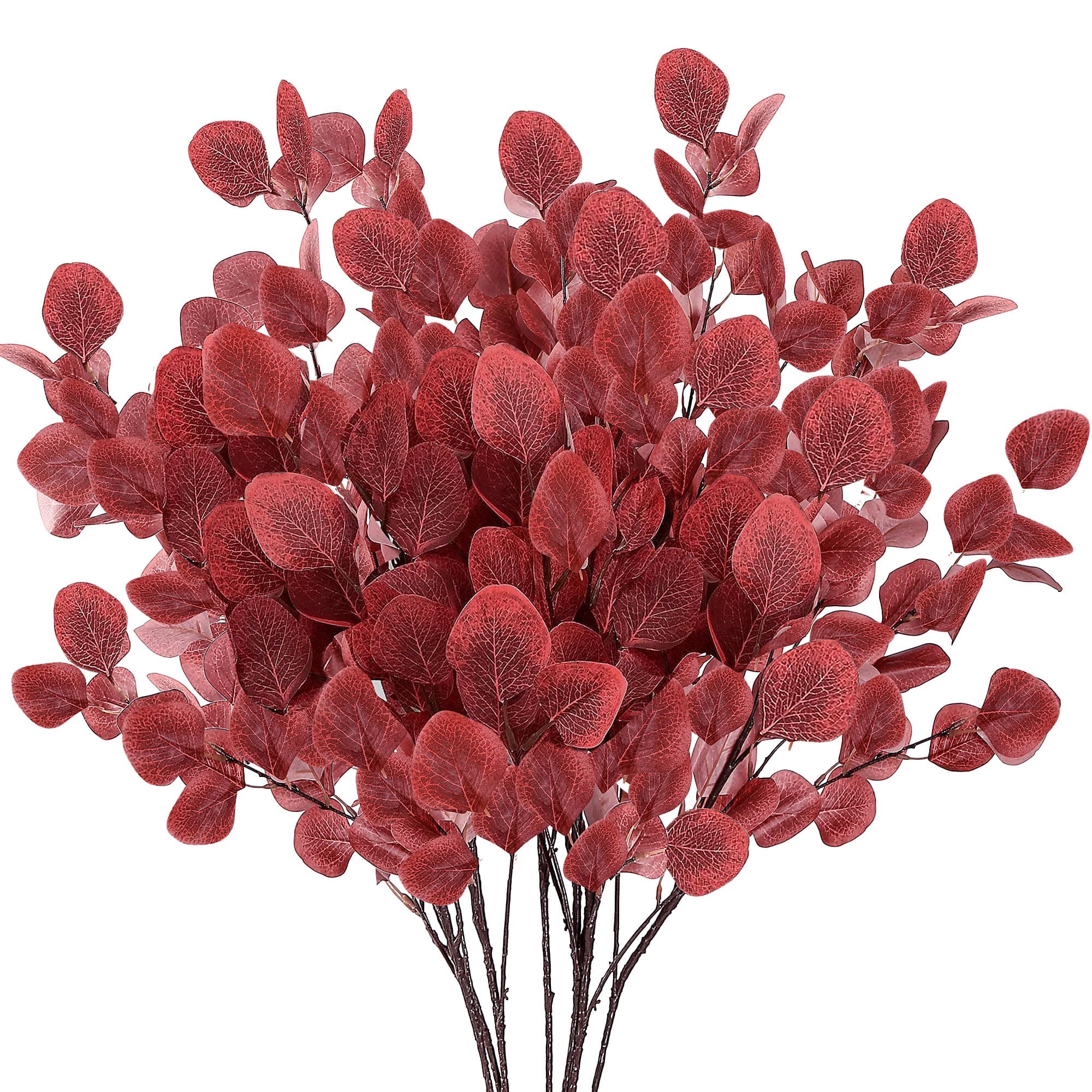 Sggvecsy Artificial Eucalyptus Leaves, 6 Pieces, 35.43 Inch Long, Red Color, Plastic and Silk Material, Easy to Bend and Adjust