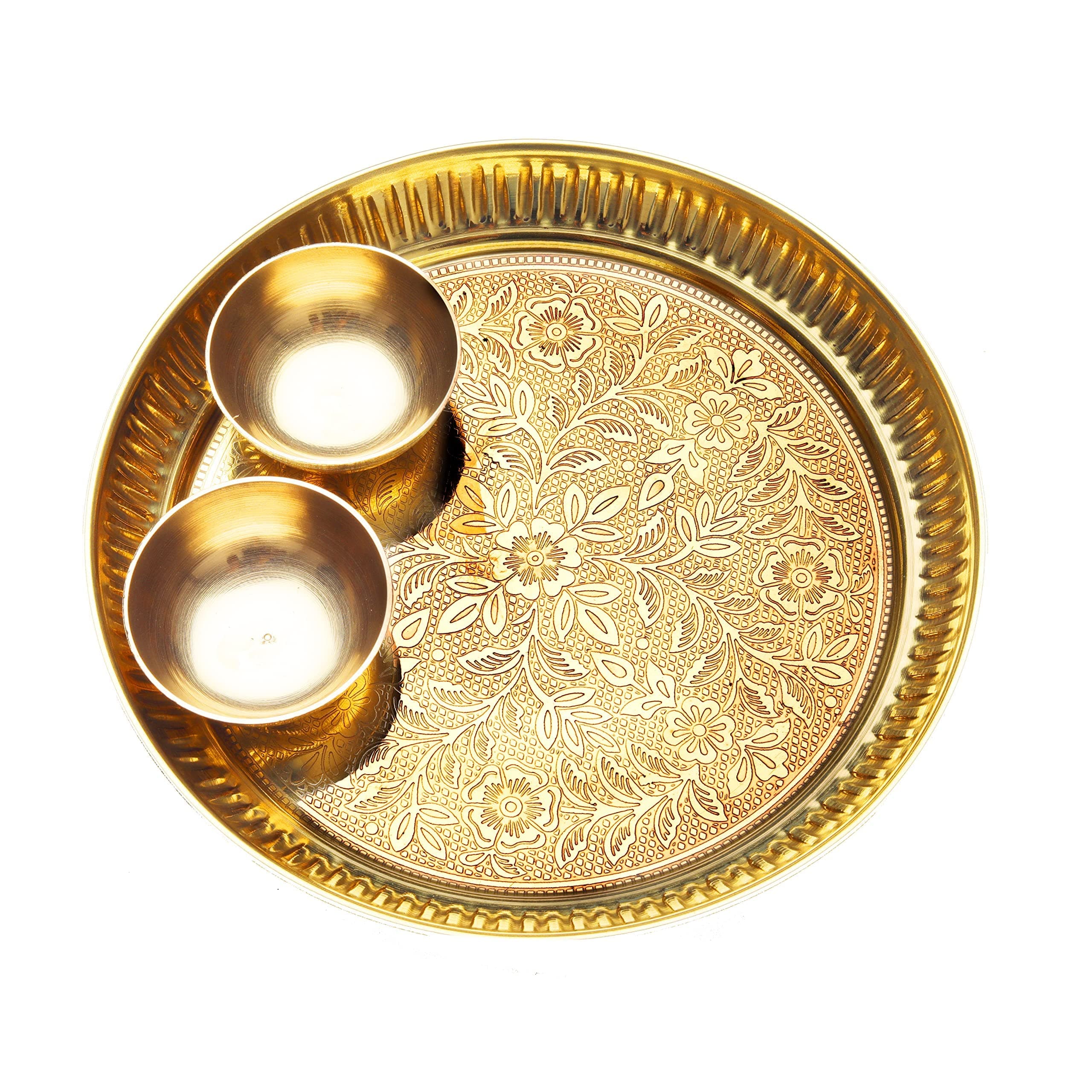 Decorative Brass Thali Plate Indian Brass Thali Prasad Plate with 2 Katori Bowl Patra for Pooja Pooja Utensils Indian Traditional Pooja Articles (Thali Size:-8" Diameter) Patra (Set of 2 Katori/Bowl)